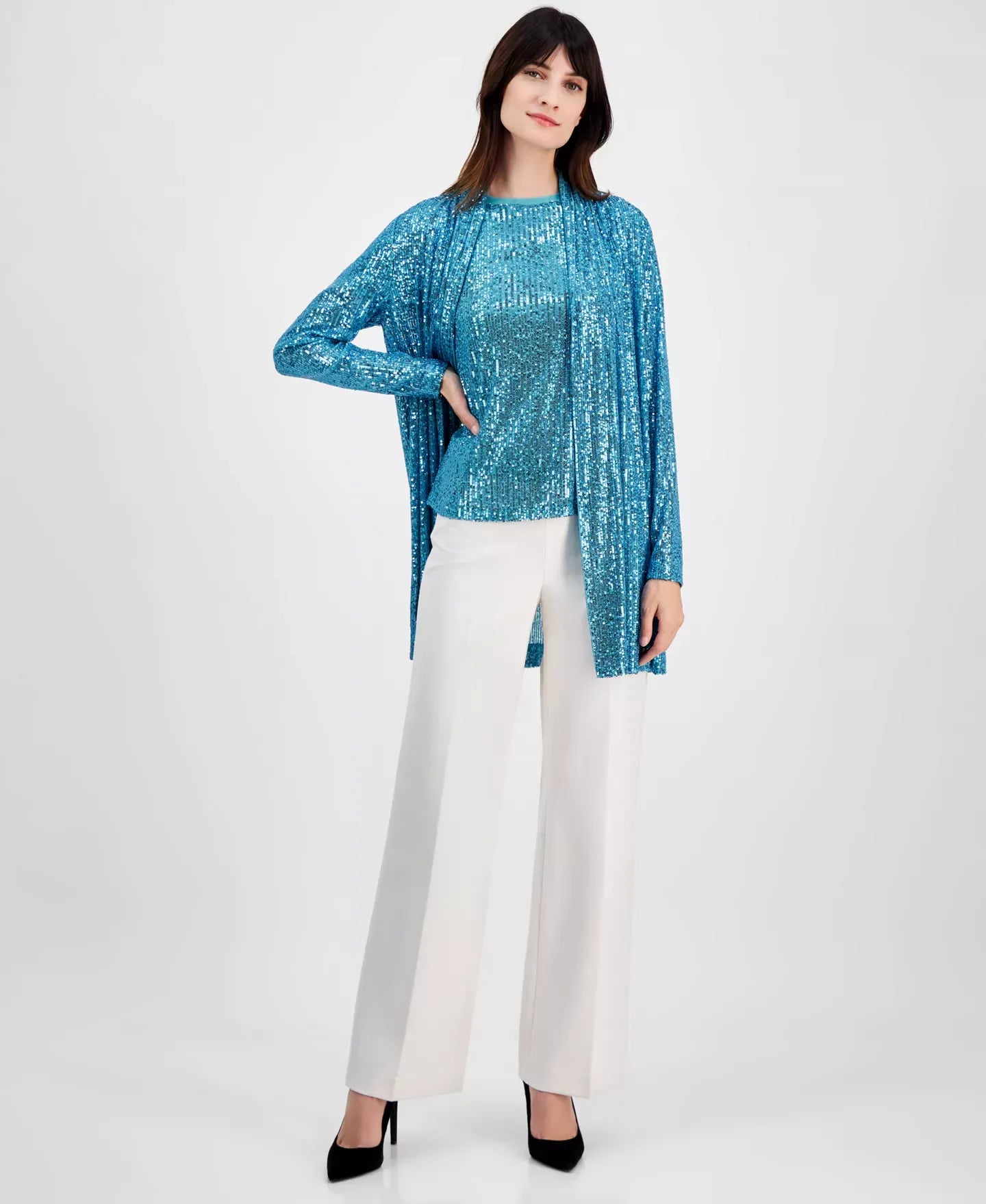 Anne Klein Women's Sequin Embellished Open-Front Jacket Sweater