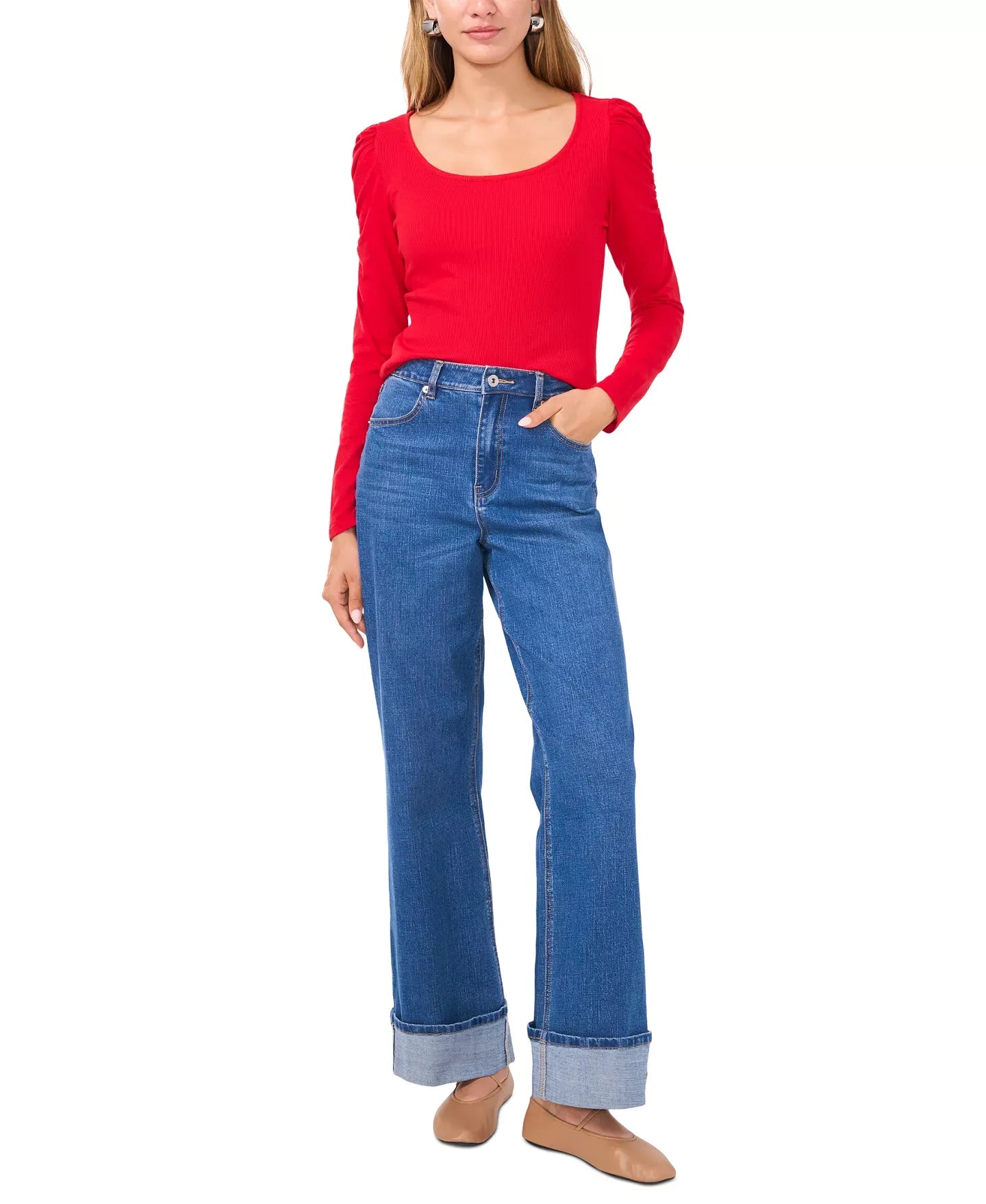 1.STATE Women's Scoop-Neck Cotton Long-Sleeve Knit Top