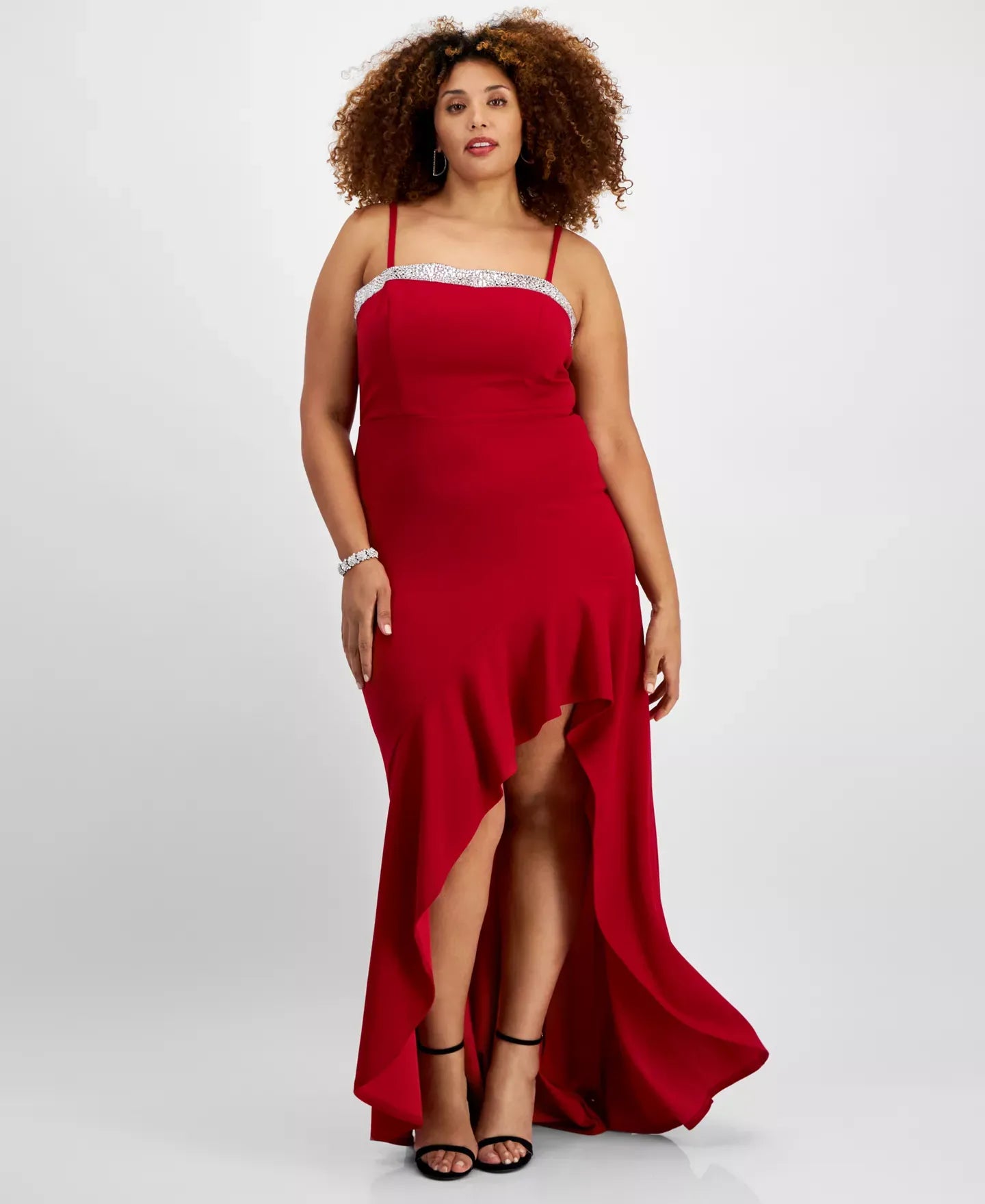 City Studios Trendy Plus Size Rhinestone-Trim High-Low Gown Dress