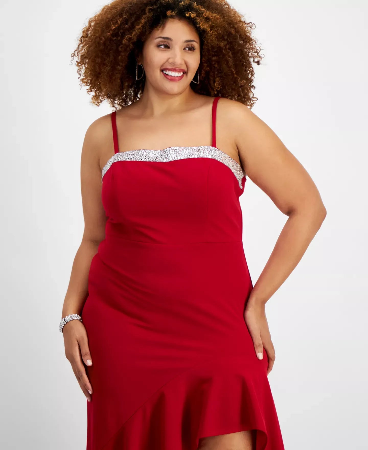 City Studios Trendy Plus Size Rhinestone-Trim High-Low Gown Dress