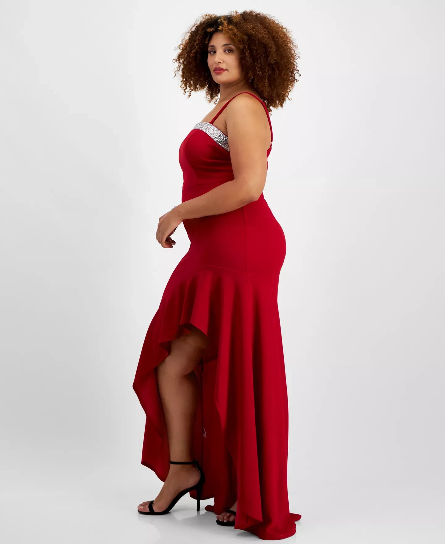 City Studios Trendy Plus Size Rhinestone-Trim High-Low Gown Dress