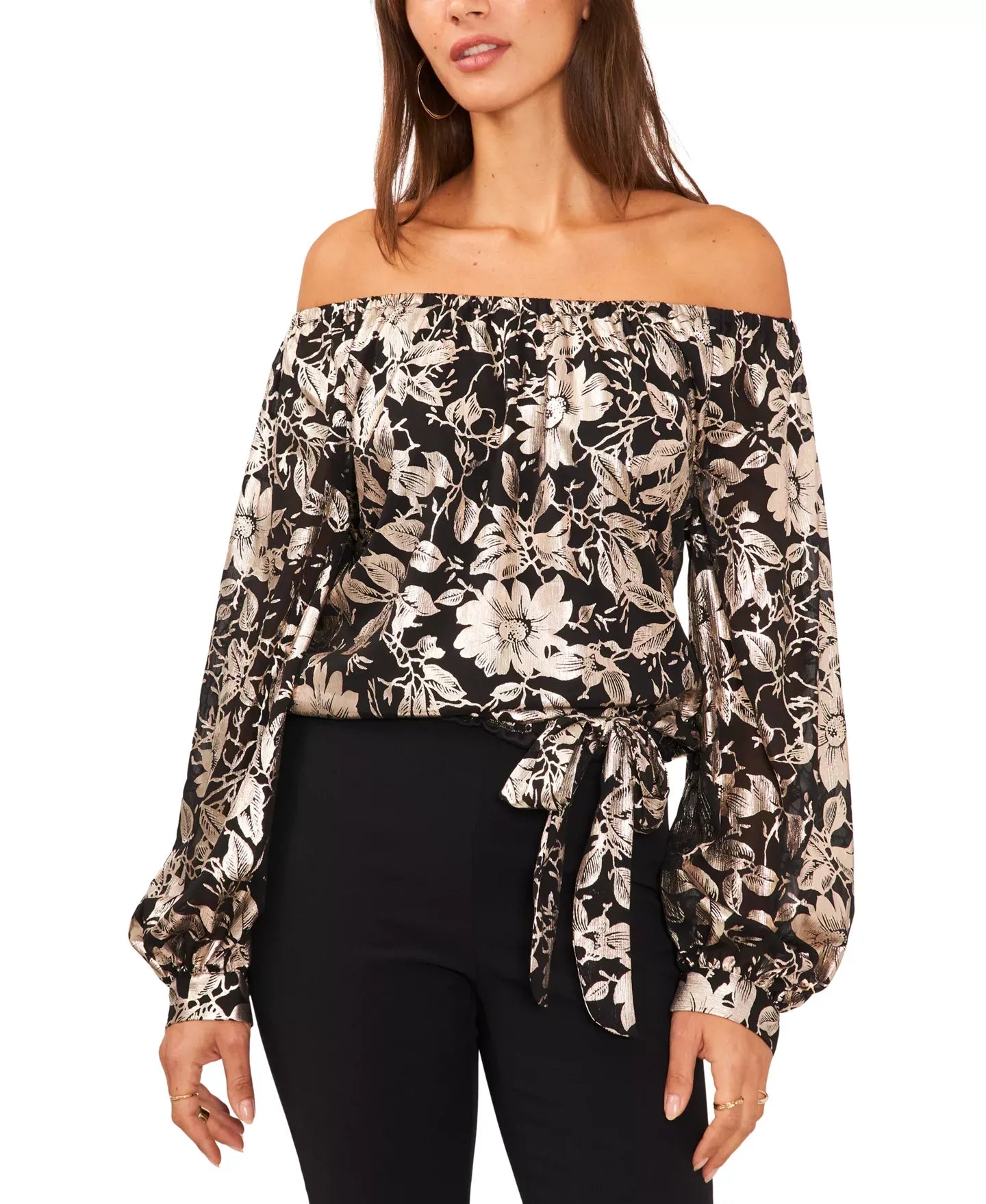 MSK Petite Metallic Floral Print Off-The-Shoulder Top