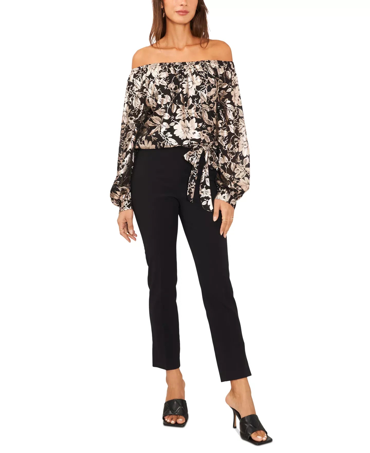MSK Petite Metallic Floral Print Off-The-Shoulder Top