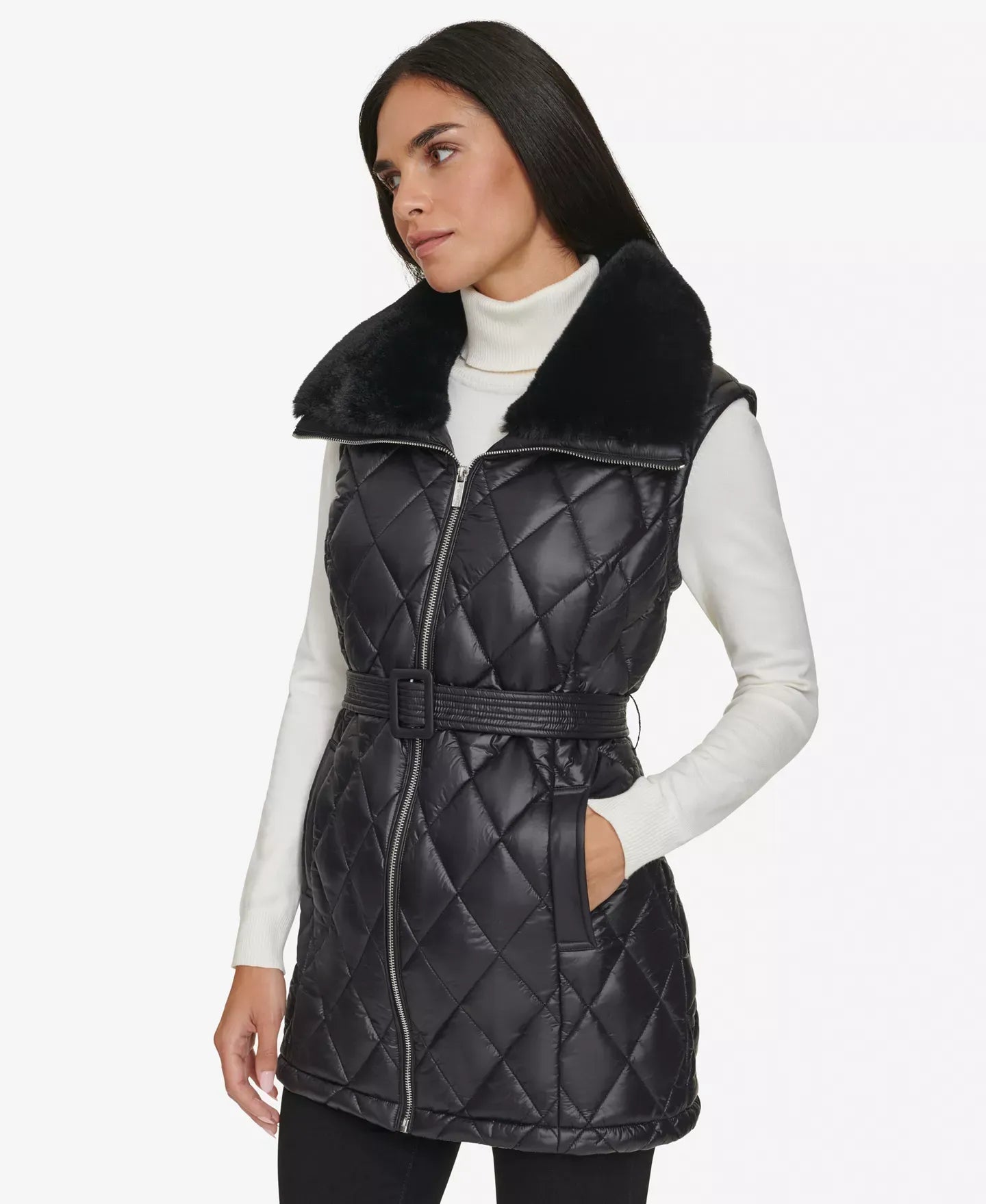 Calvin Klein Women's Quilted Faux-Fur Collar Vest Jacket