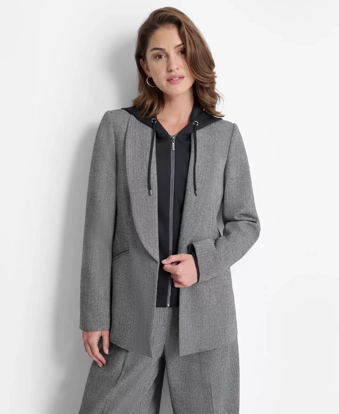 DKNY Women’s Layered-Look Hoodie Herringbone Jacket