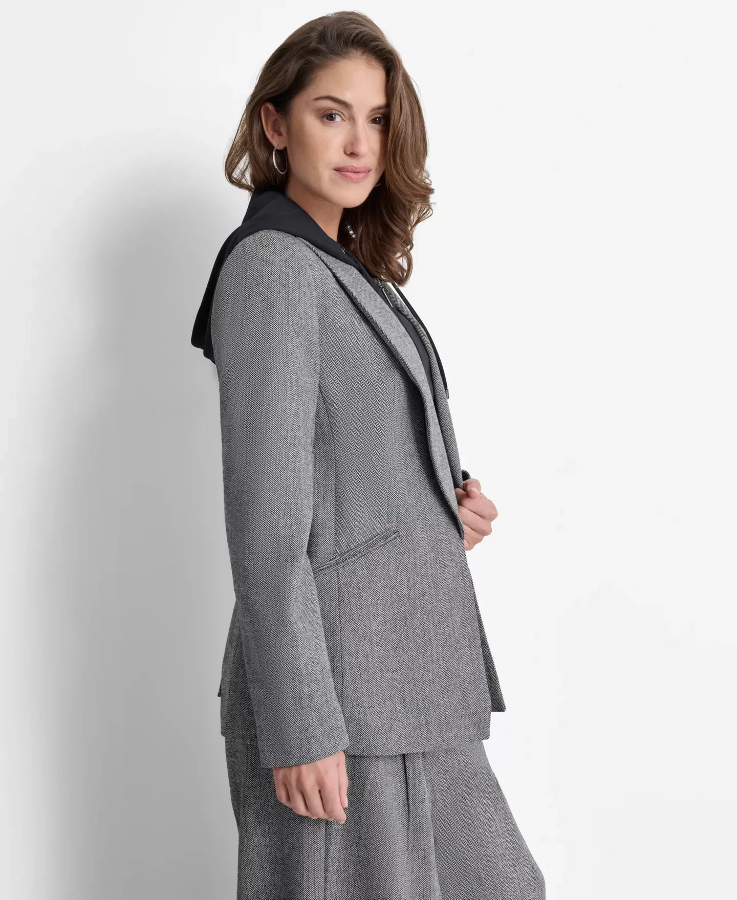 DKNY Women’s Layered-Look Hoodie Herringbone Jacket