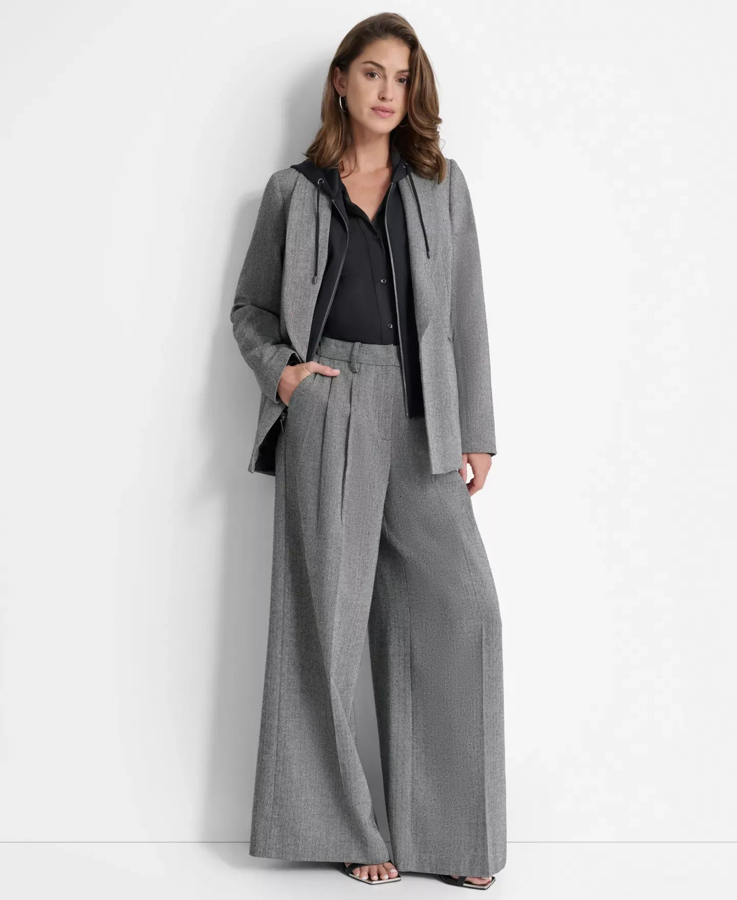 DKNY Women’s Layered-Look Hoodie Herringbone Jacket