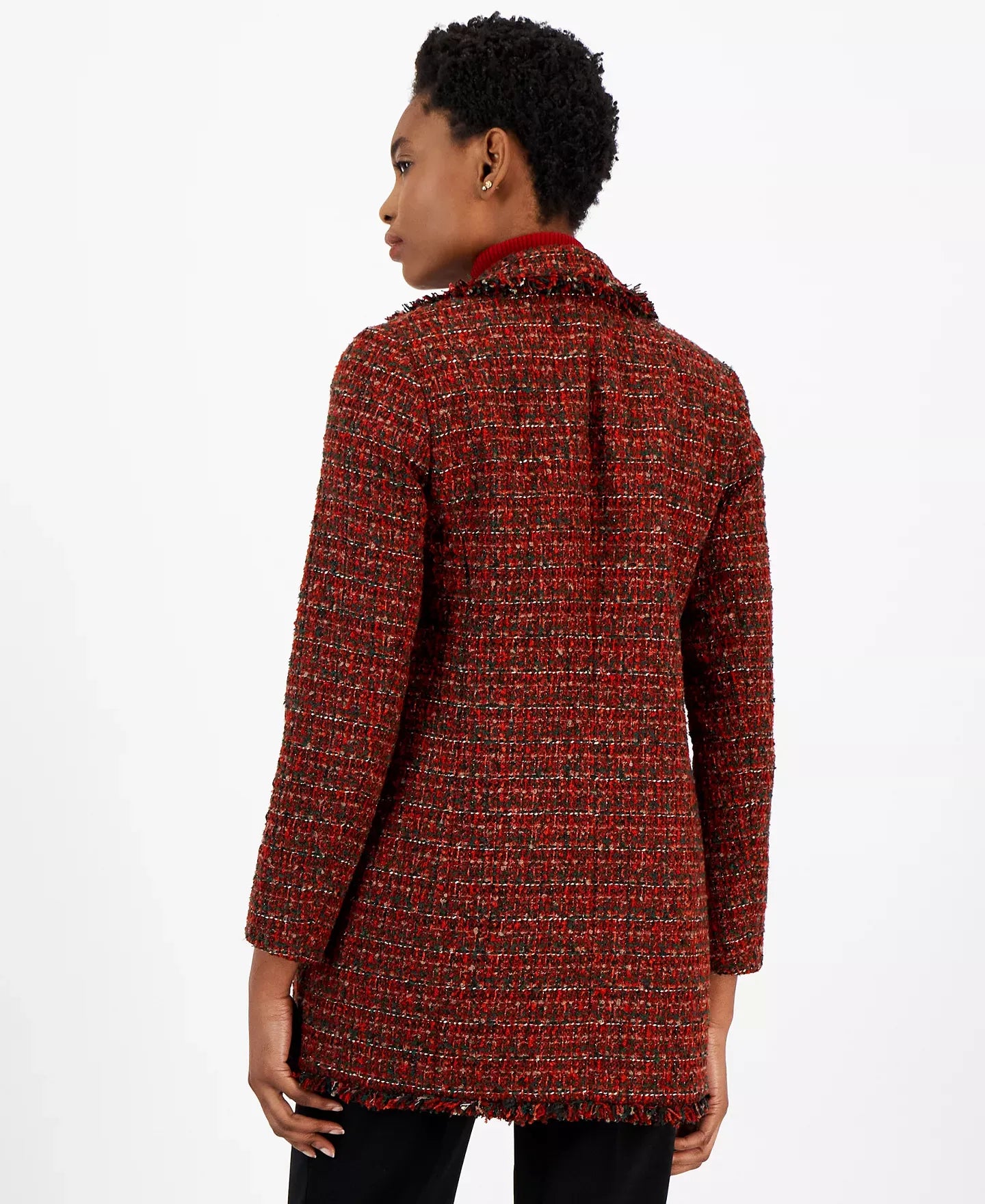 Anne Klein Women's Faux-Double-Breasted Fringe-Trim Tweed Jacket