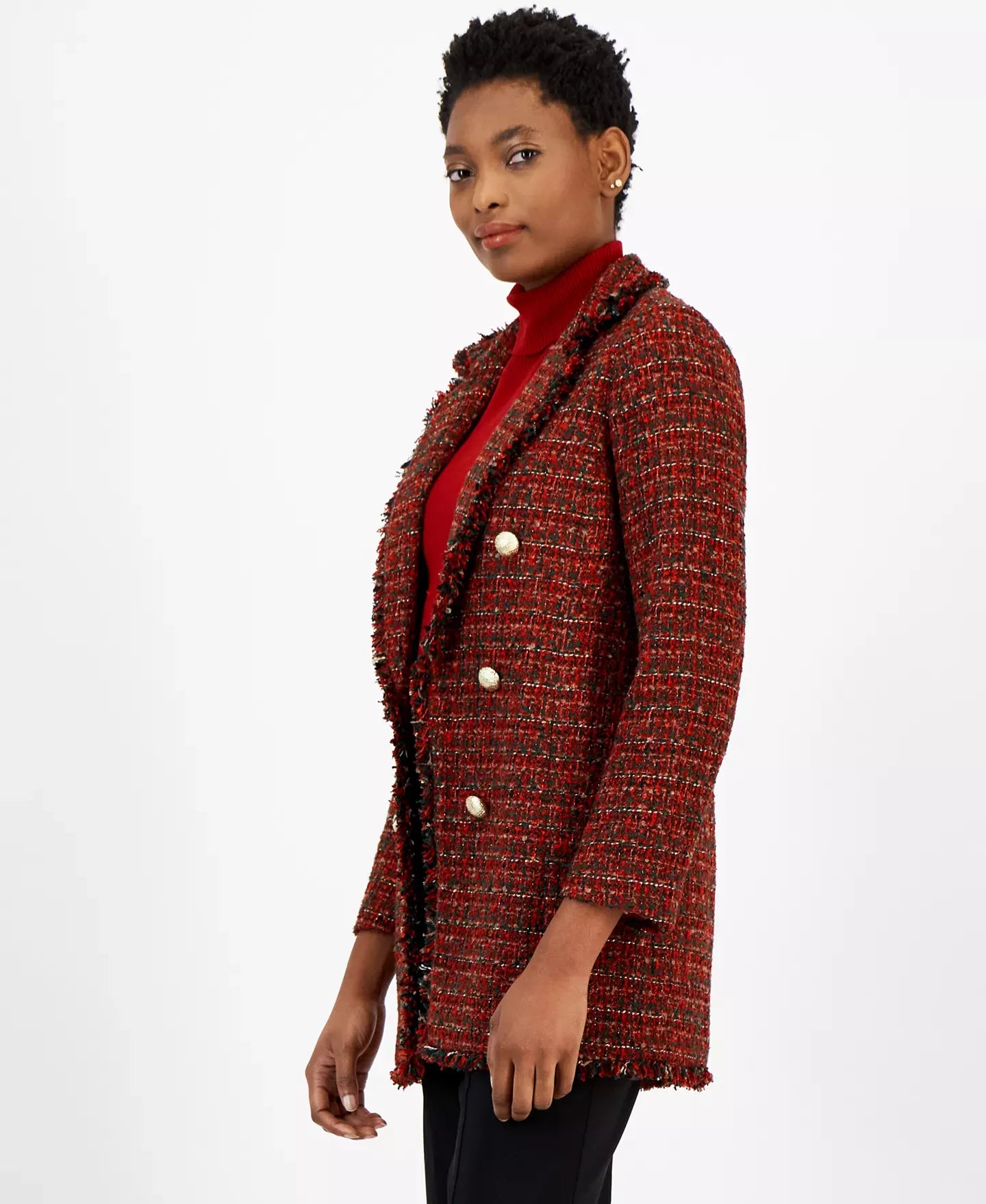 Anne Klein Women's Faux-Double-Breasted Fringe-Trim Tweed Jacket