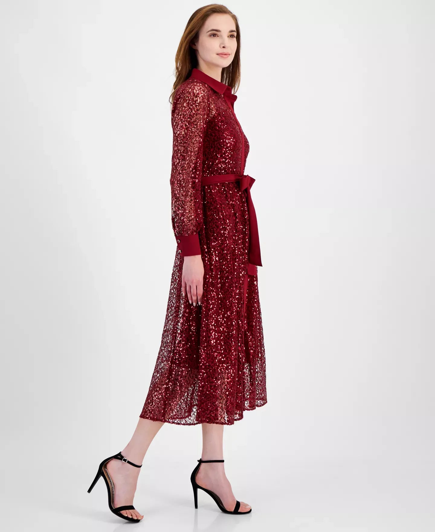 Anne Klein Women's Button-Front Tie-Waist Sequin Dress