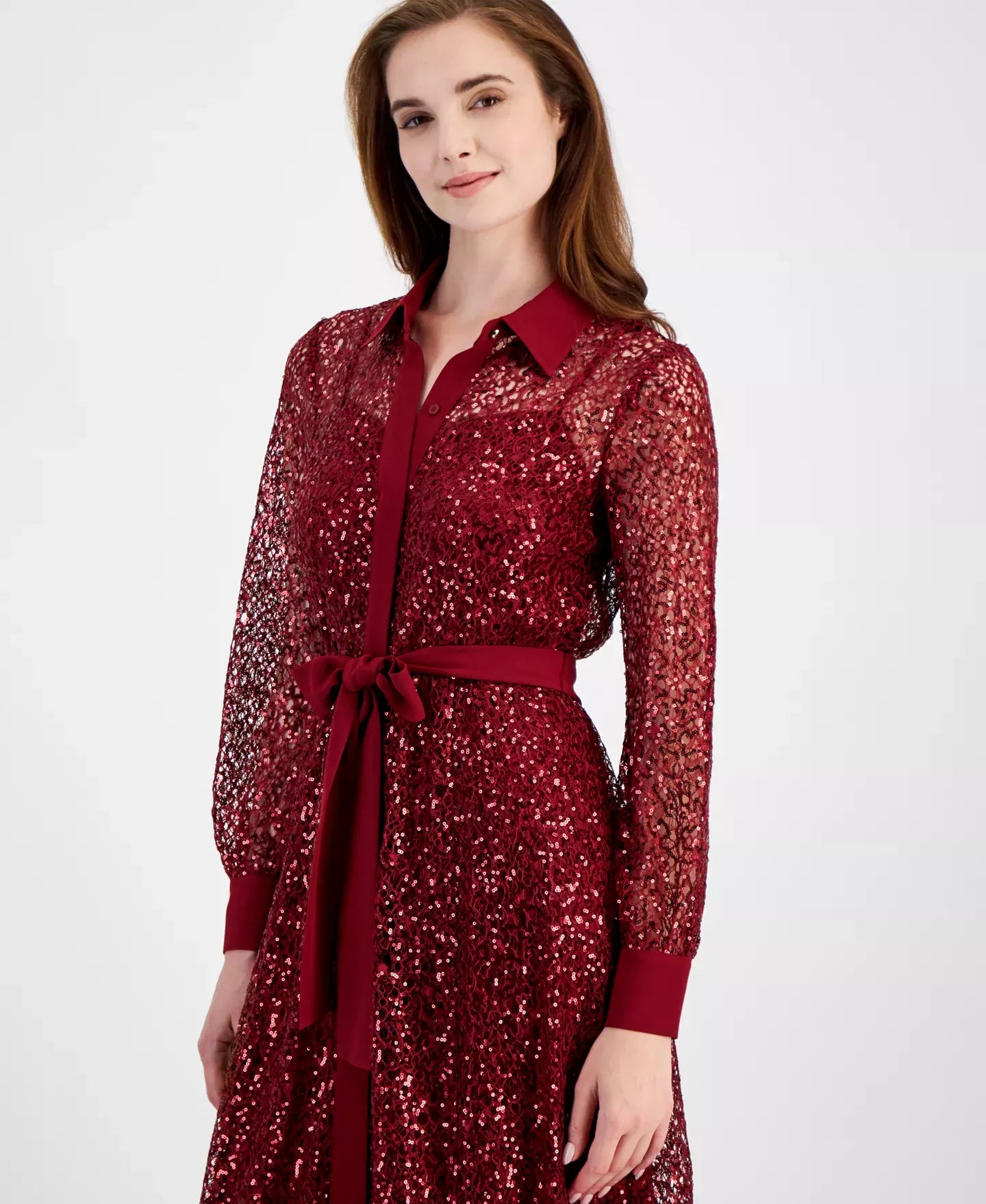 Anne Klein Women's Button-Front Tie-Waist Sequin Dress