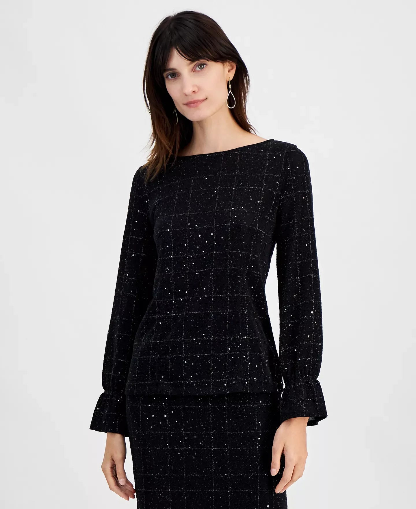 Kasper Women's Boat-Neck Long-Sleeve Plaid Sequin Top, Regular and Petite Sizes Top
