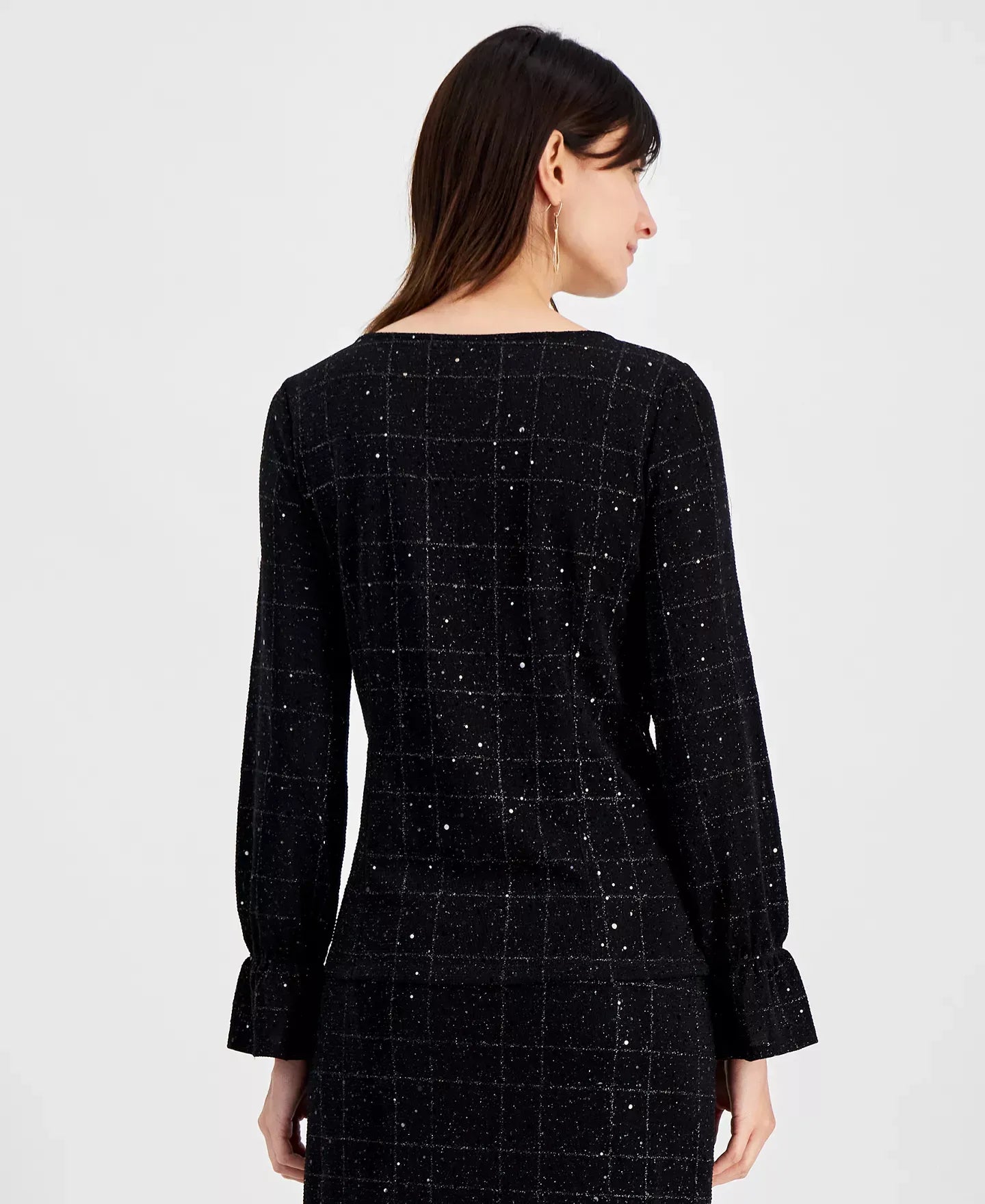 Kasper Women's Boat-Neck Long-Sleeve Plaid Sequin Top, Regular and Petite Sizes Top