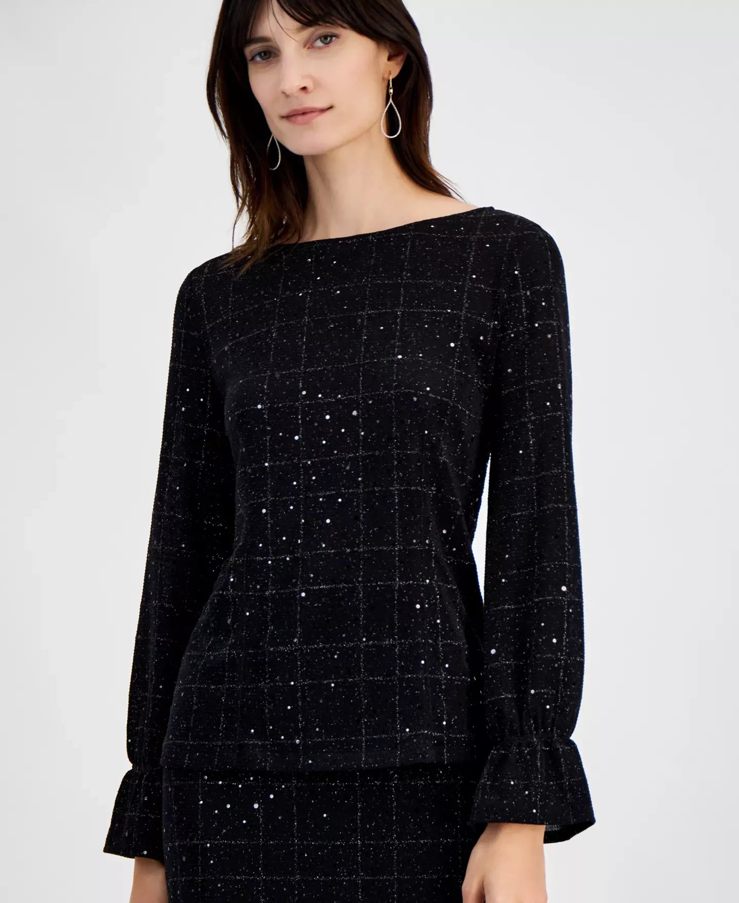 Kasper Women's Boat-Neck Long-Sleeve Plaid Sequin Top, Regular and Petite Sizes Top