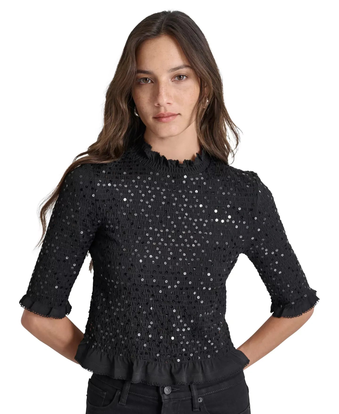 DKNY Jeans Women's Sequin Smocked Elbow-Sleeve Top