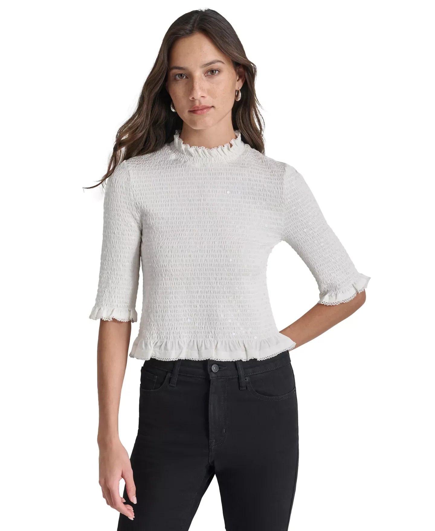 DKNY Jeans Women's Sequin Smocked Elbow-Sleeve Top