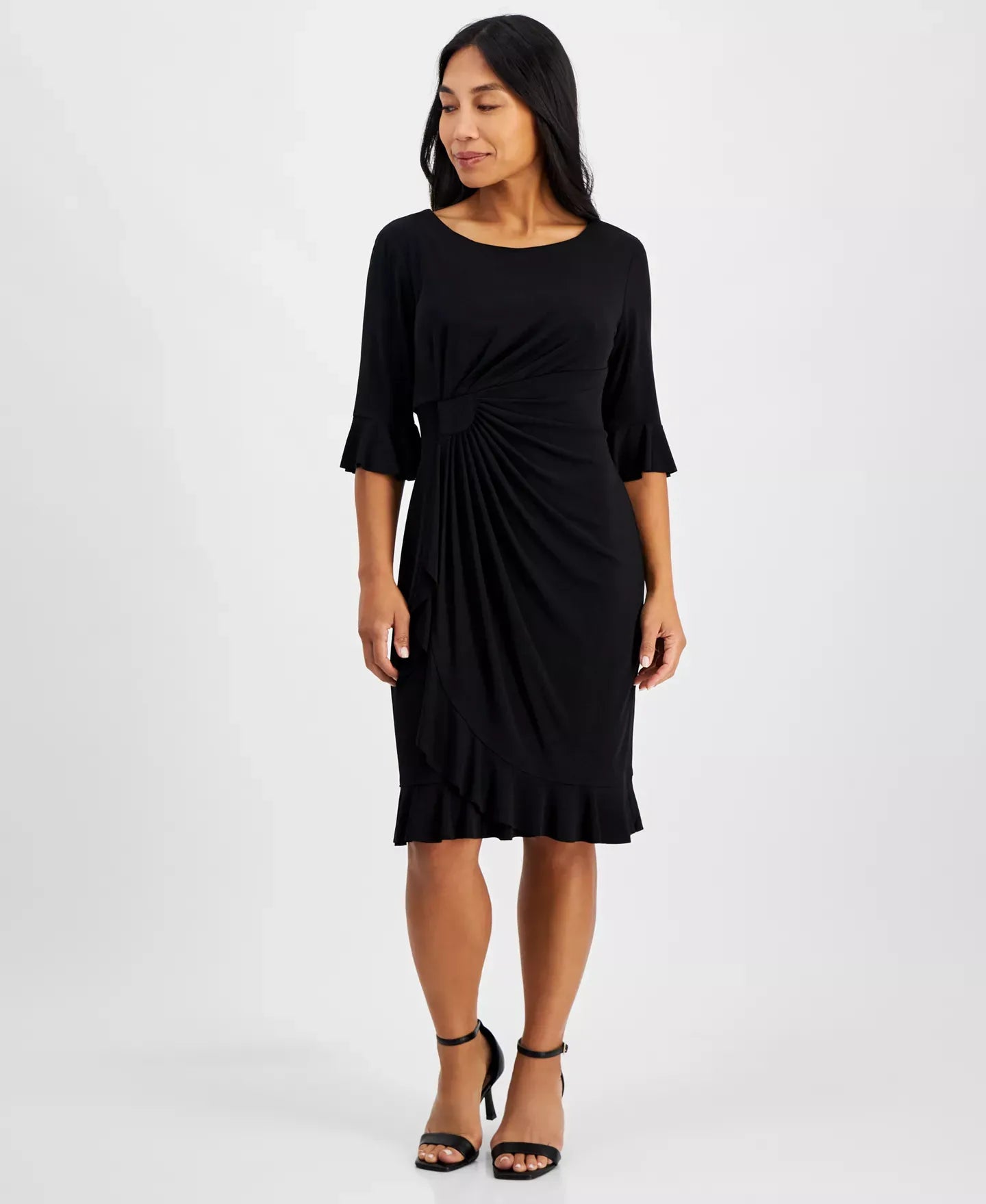 Connected Petite 3/4-Sleeve Ruffle Jersey Dress