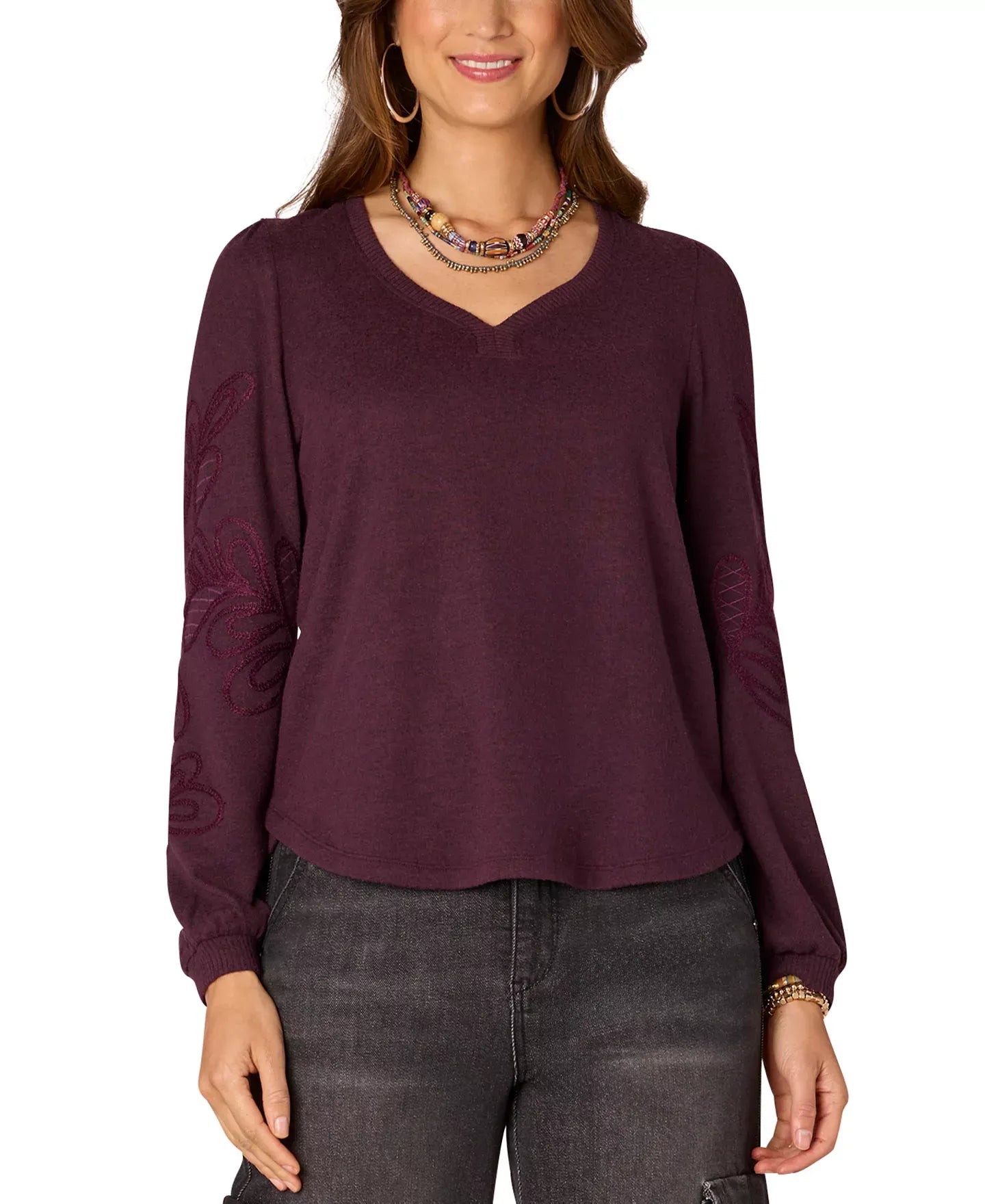 Democracy Petite Long-Sleeve Sweetheart Blouse Top