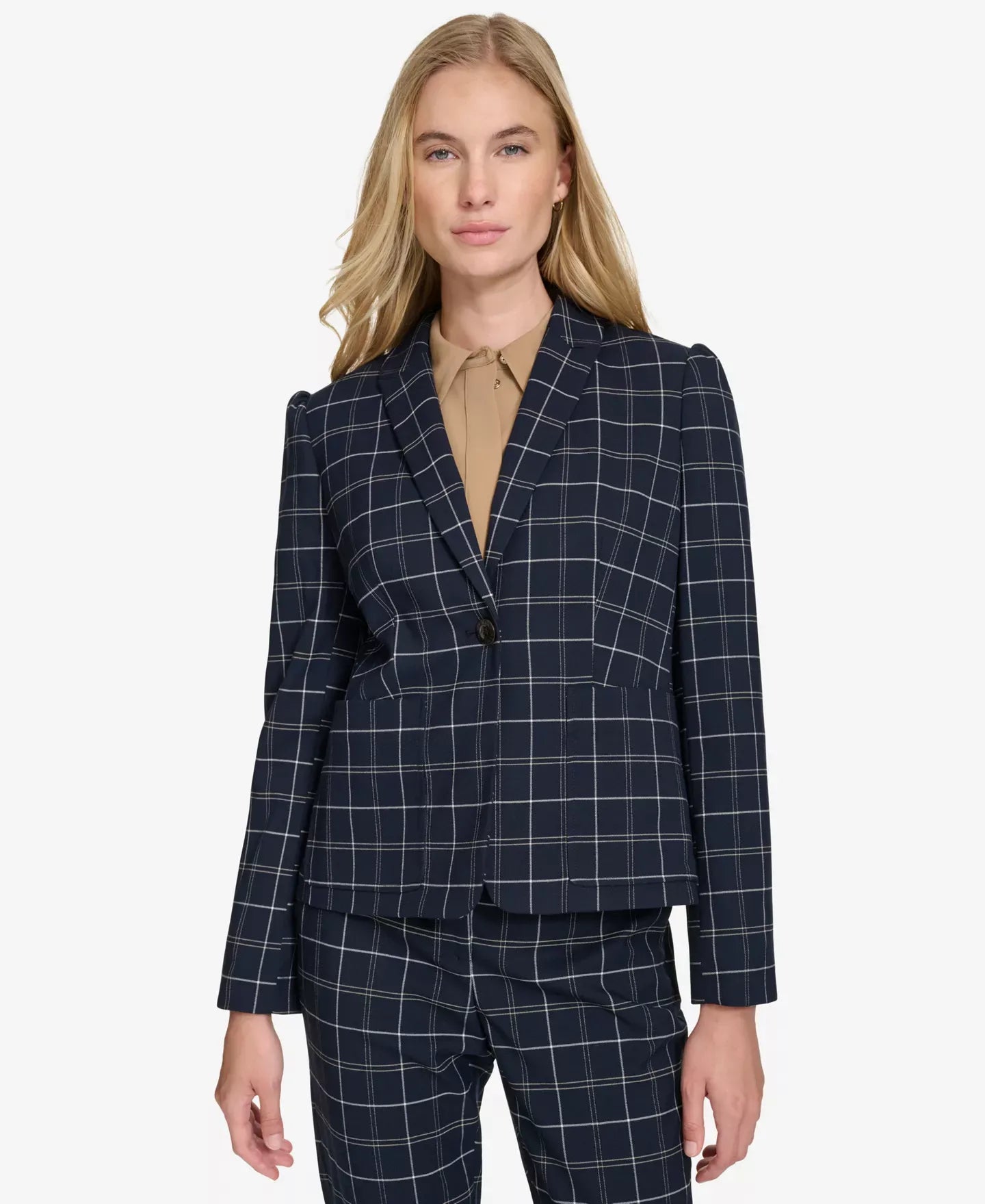Tommy Hilfiger Women's Plaid Puff-Sleeve Single-Button Blazer Jacket