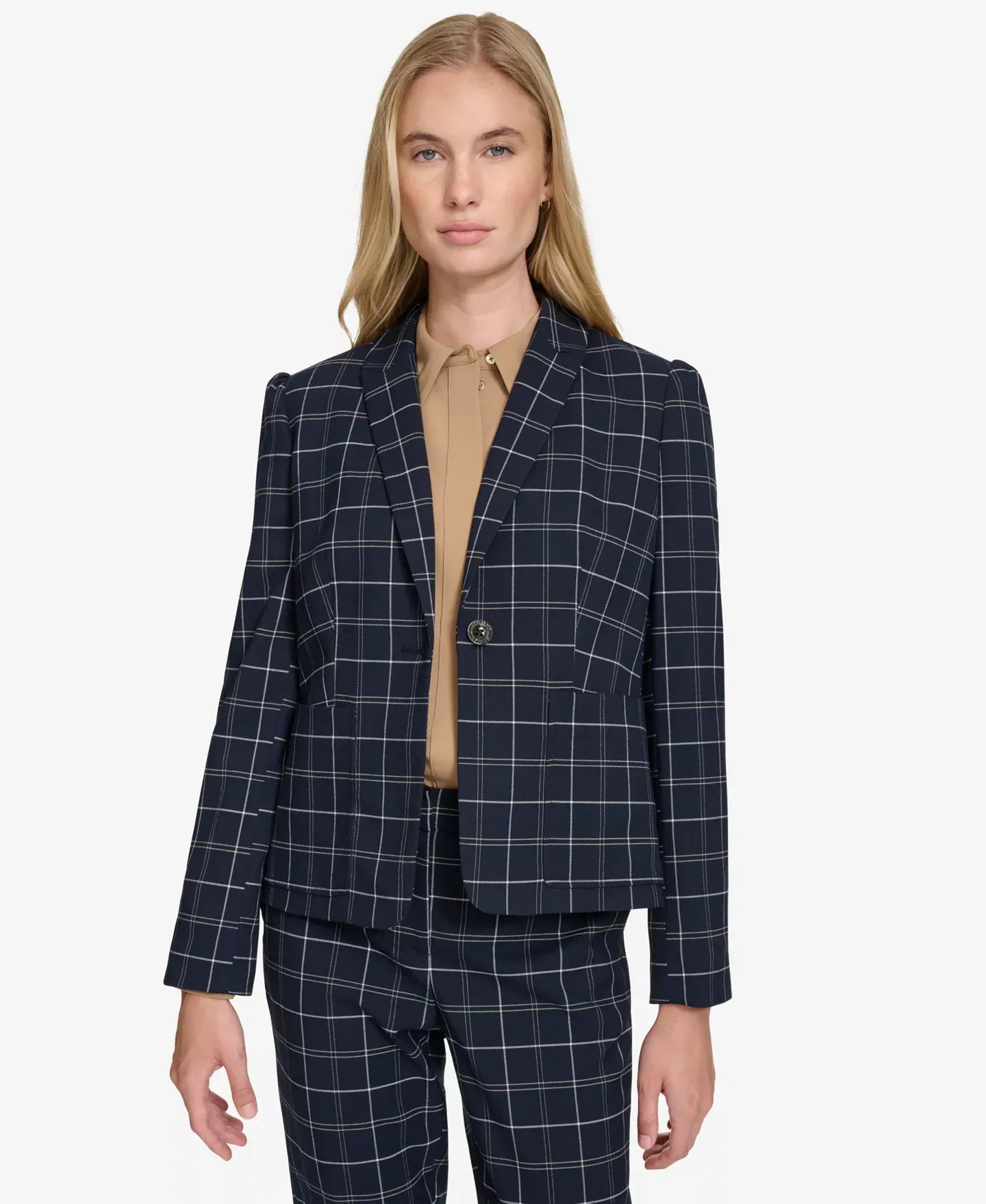 Tommy Hilfiger Women's Plaid Puff-Sleeve Single-Button Blazer Jacket