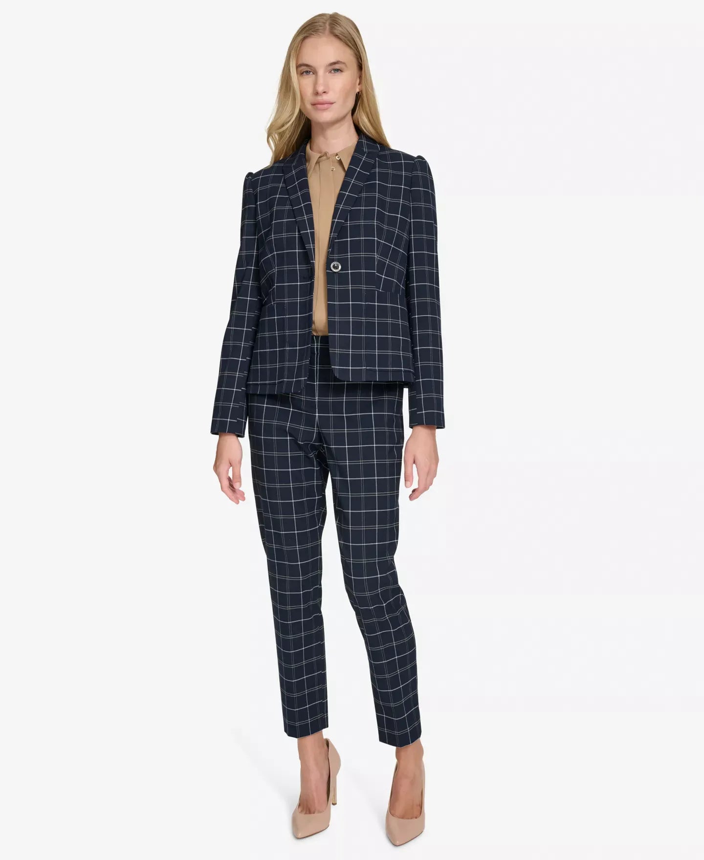Tommy Hilfiger Women's Plaid Puff-Sleeve Single-Button Blazer Jacket