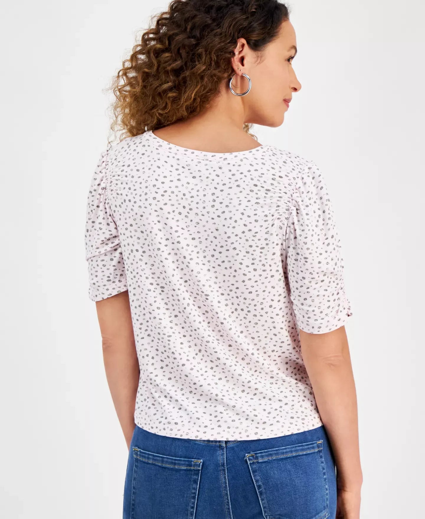 Democracy Petite Foil-Print Elbow-Sleeve Scoop-Neck Top