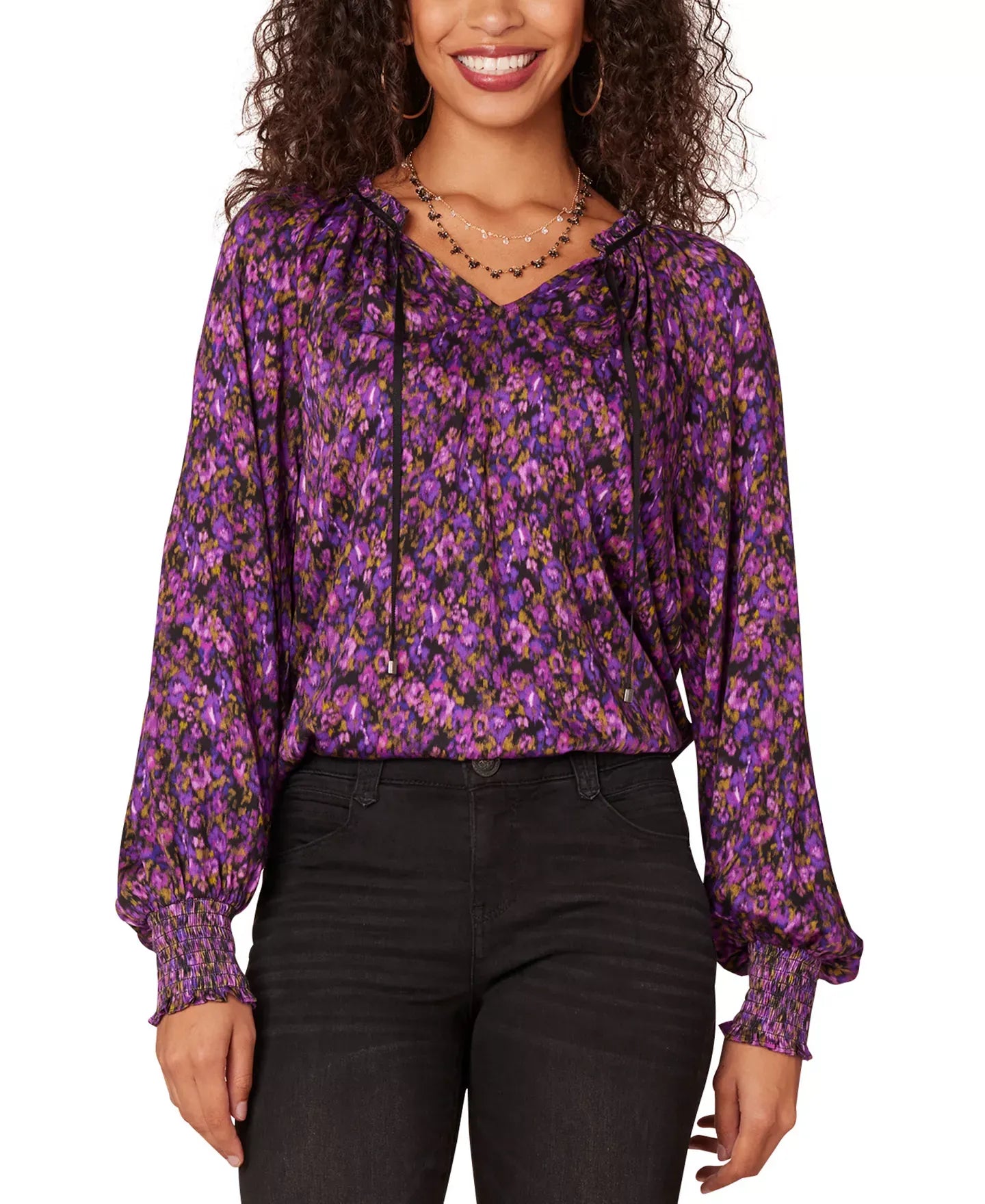 Democracy Petite Printed Split-Neck Blouson-Sleeve Blouse Top