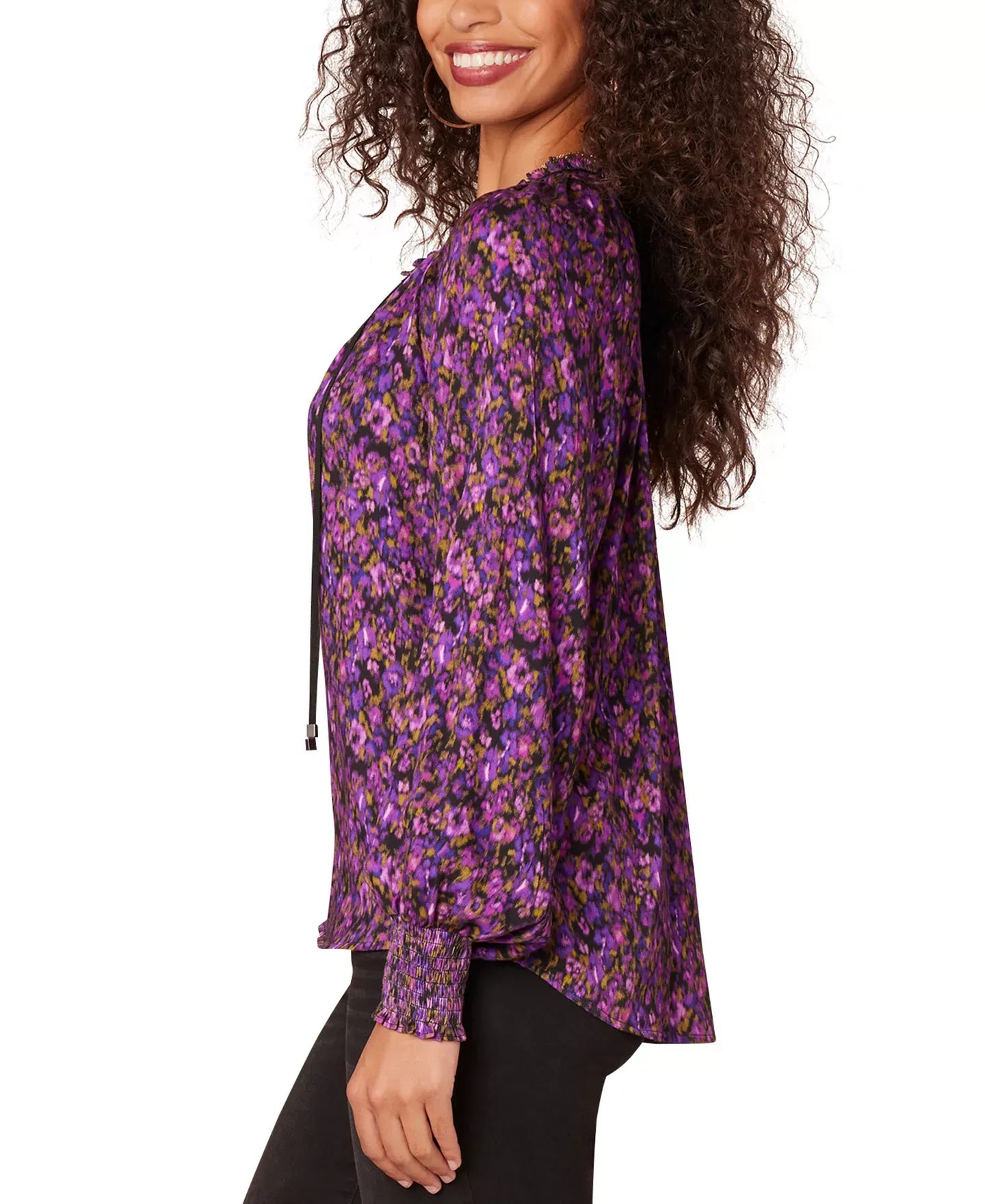 Democracy Petite Printed Split-Neck Blouson-Sleeve Blouse Top