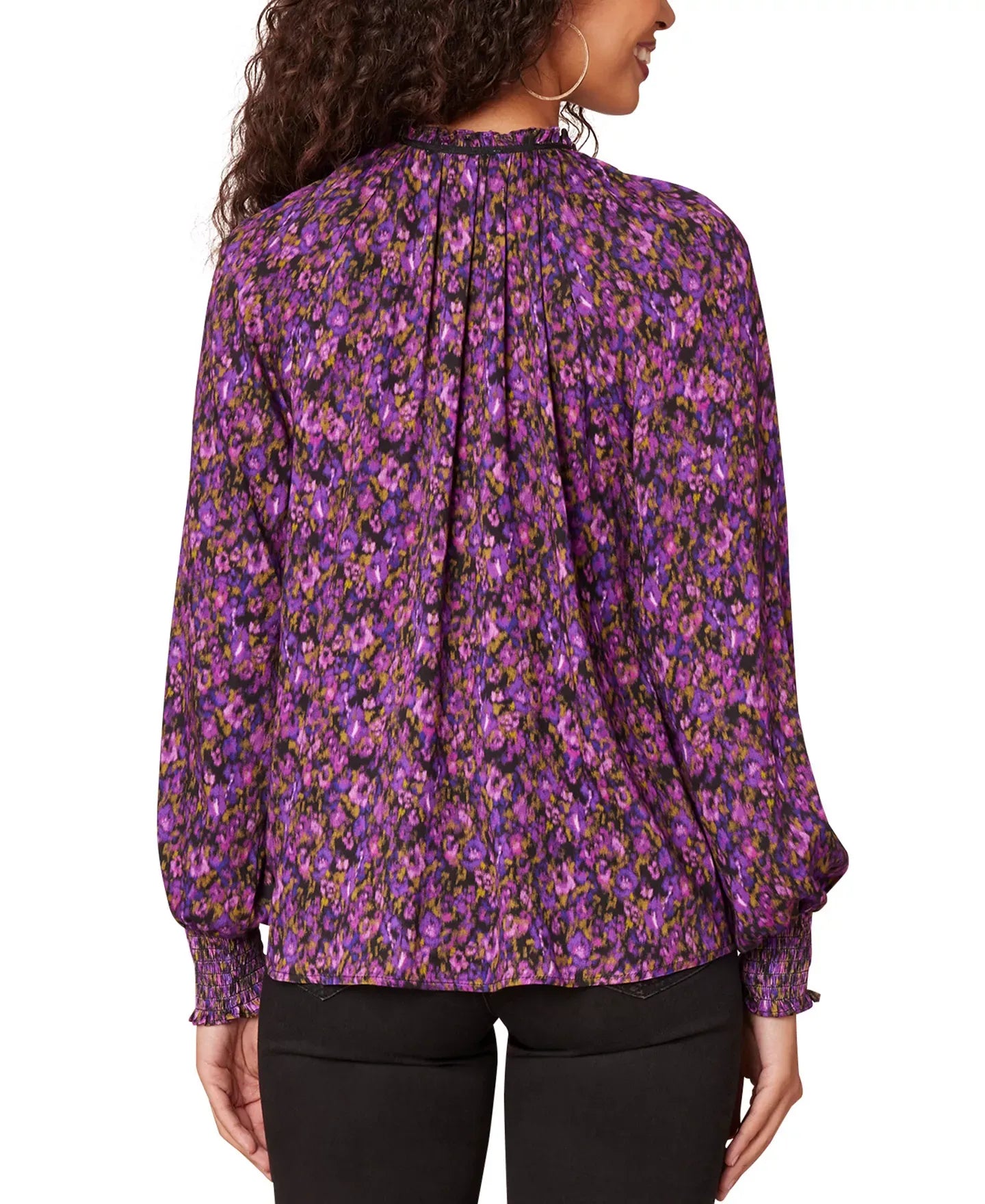 Democracy Petite Printed Split-Neck Blouson-Sleeve Blouse Top