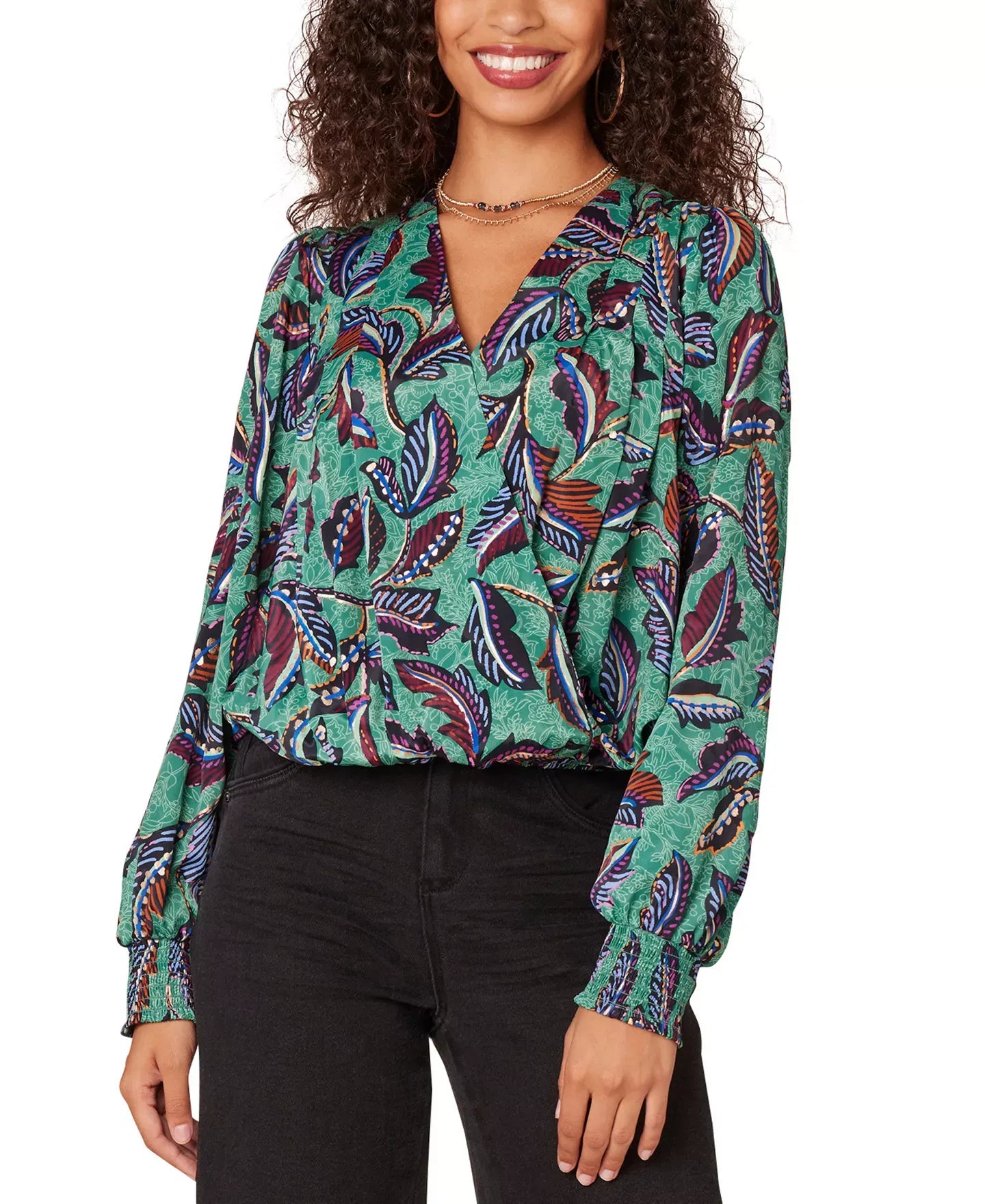 Democracy Petite Printed Surplice Blouson-Sleeve Blouse Top