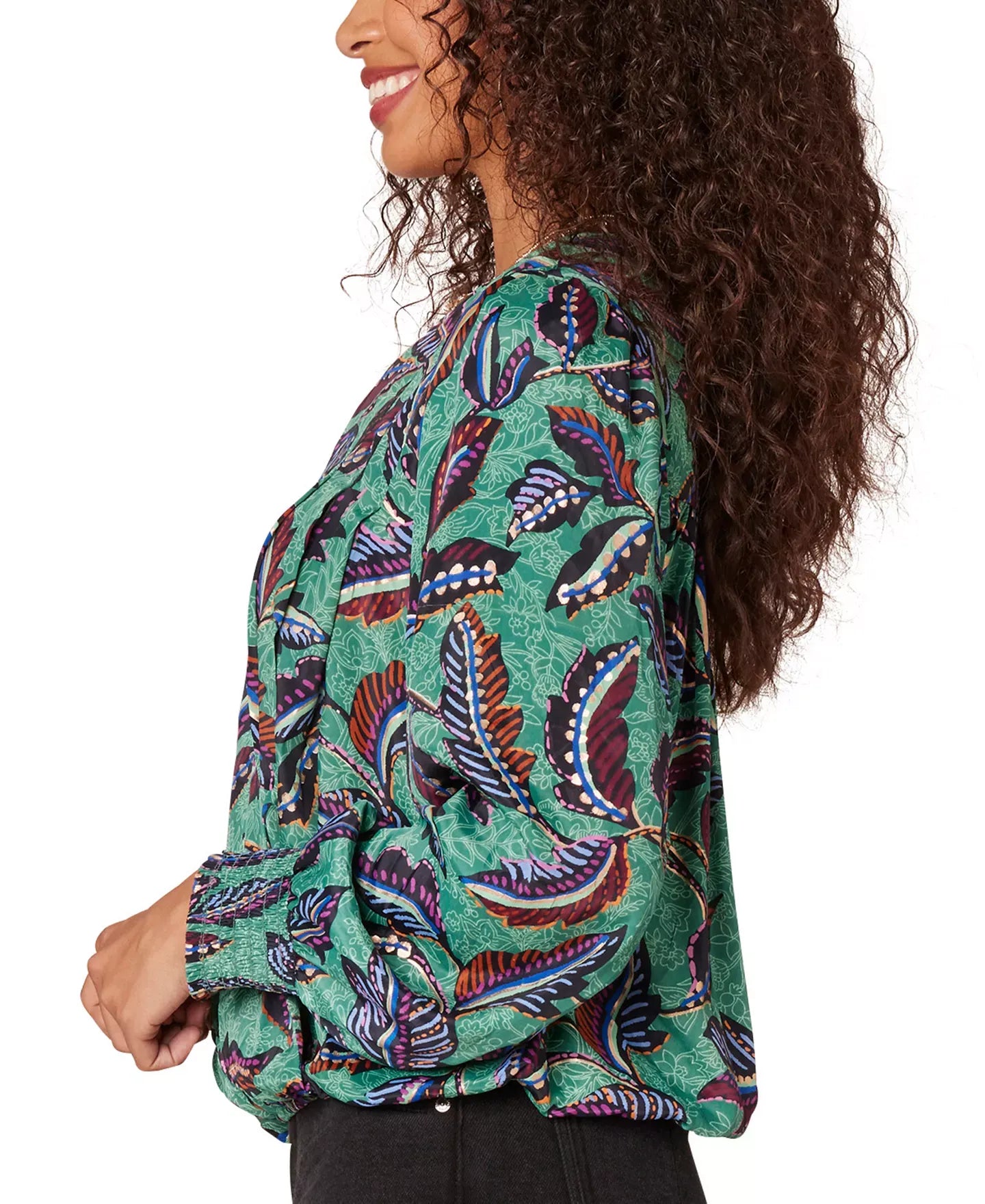 Democracy Petite Printed Surplice Blouson-Sleeve Blouse Top
