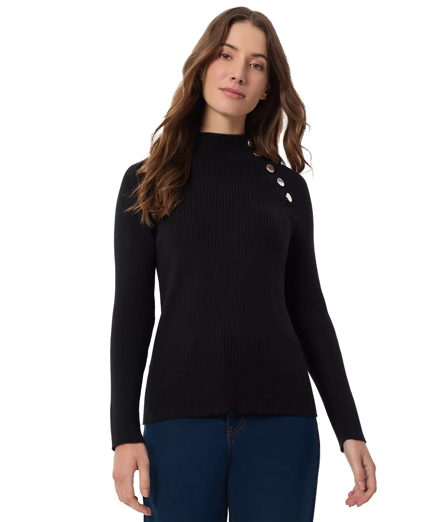 Jones New York Women's Solid-Color Ribbed Mock-Neck Sweater