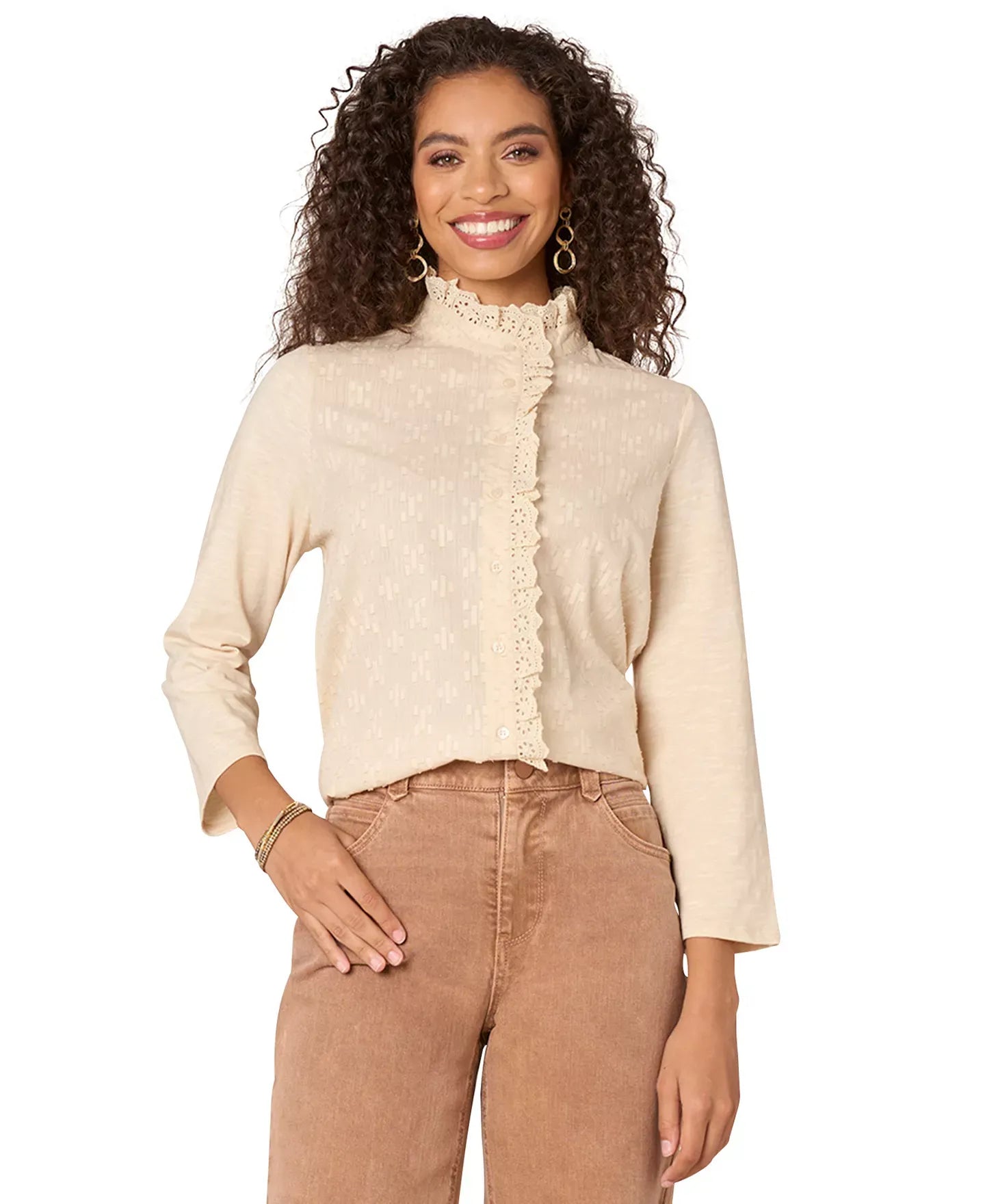 Democracy Petite Ruffled Mixed-Media Button-Up Shirt Top