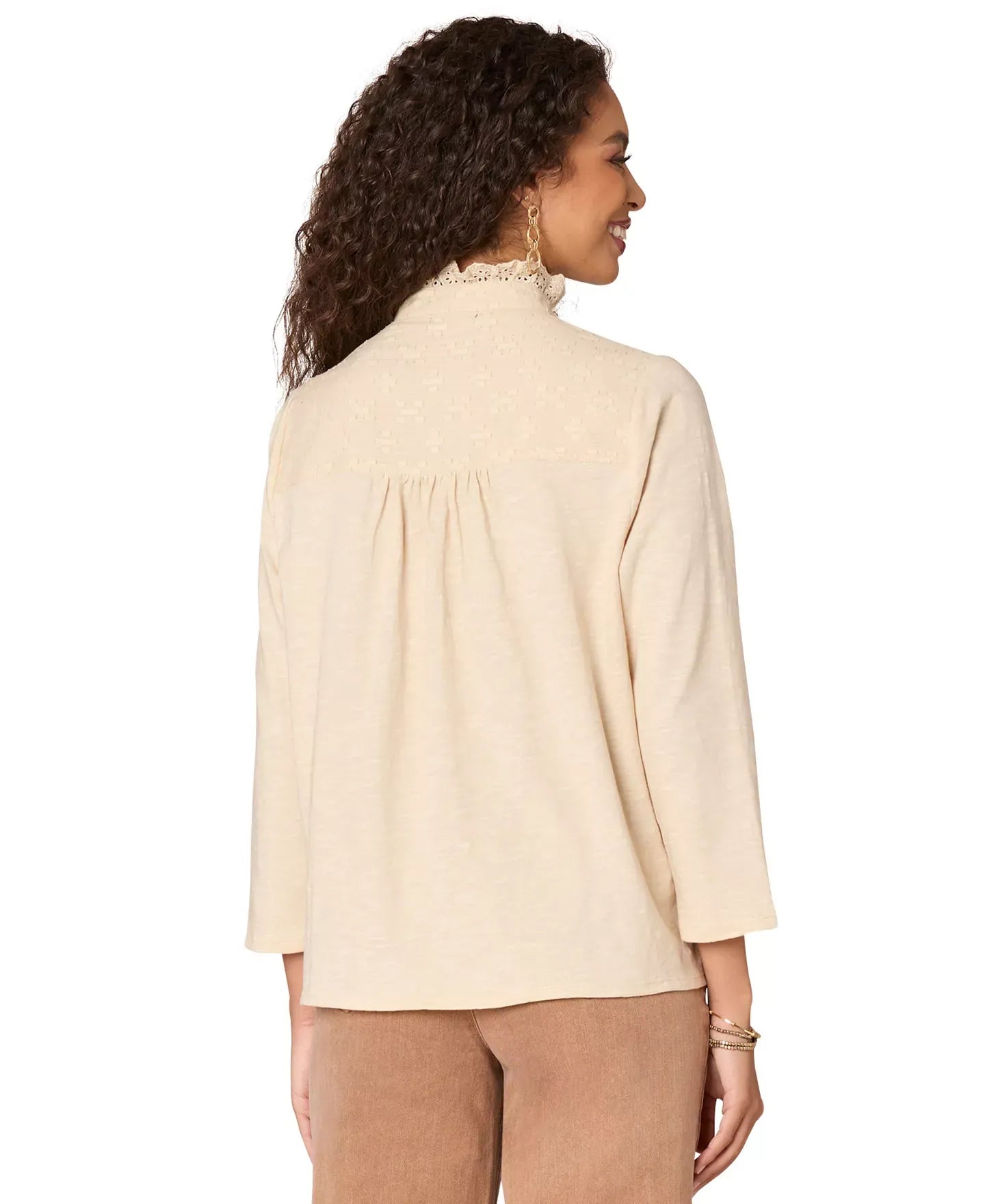 Democracy Petite Ruffled Mixed-Media Button-Up Shirt Top