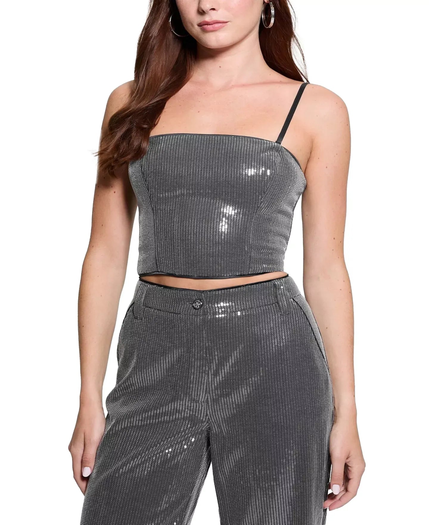 GUESS Women's Cassia Sleeveless Sequin Bustier Crop Top