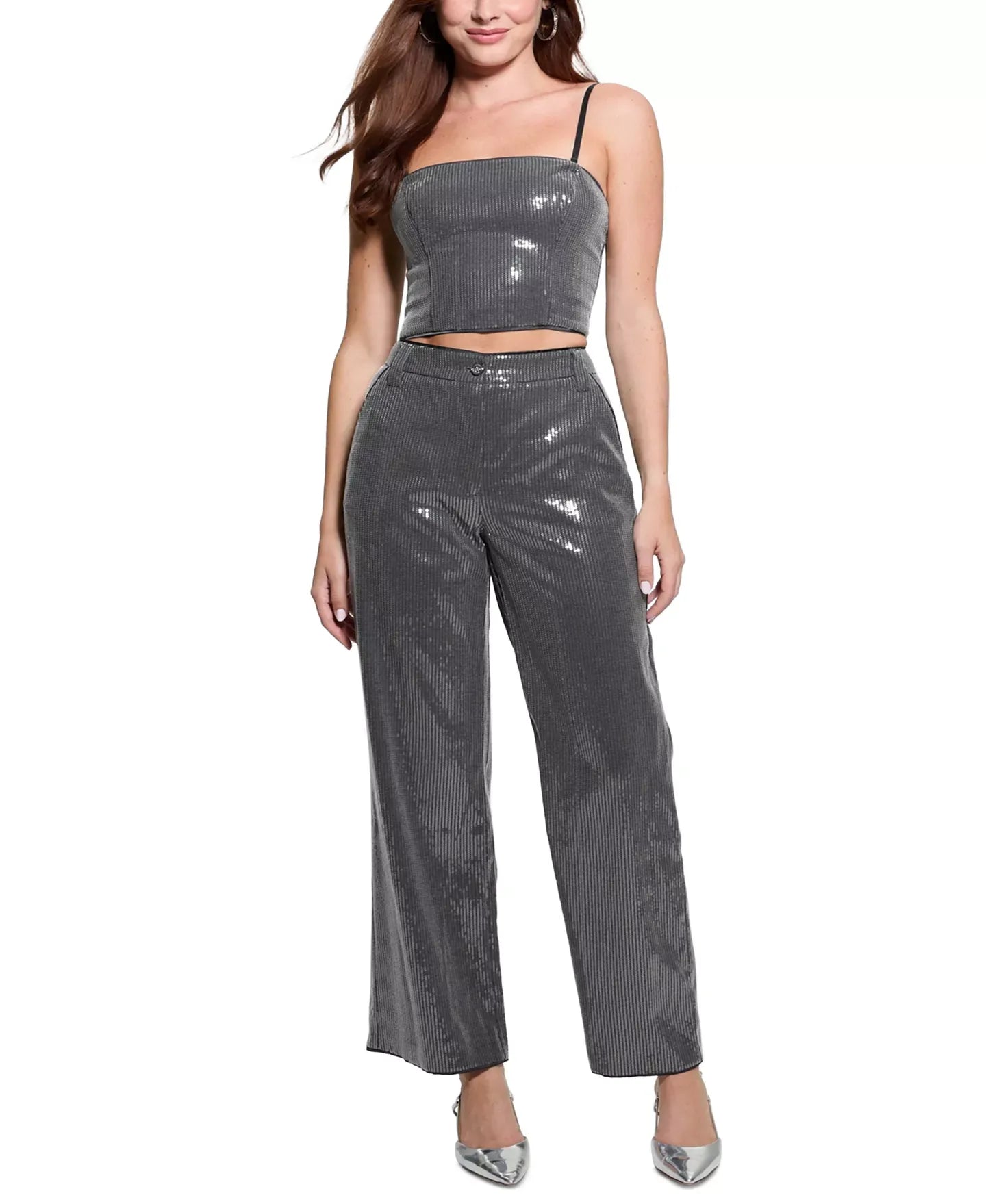 GUESS Women's Cassia Sleeveless Sequin Bustier Crop Top