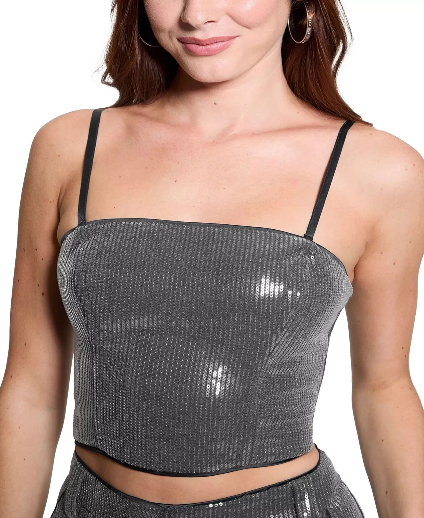 GUESS Women's Cassia Sleeveless Sequin Bustier Crop Top