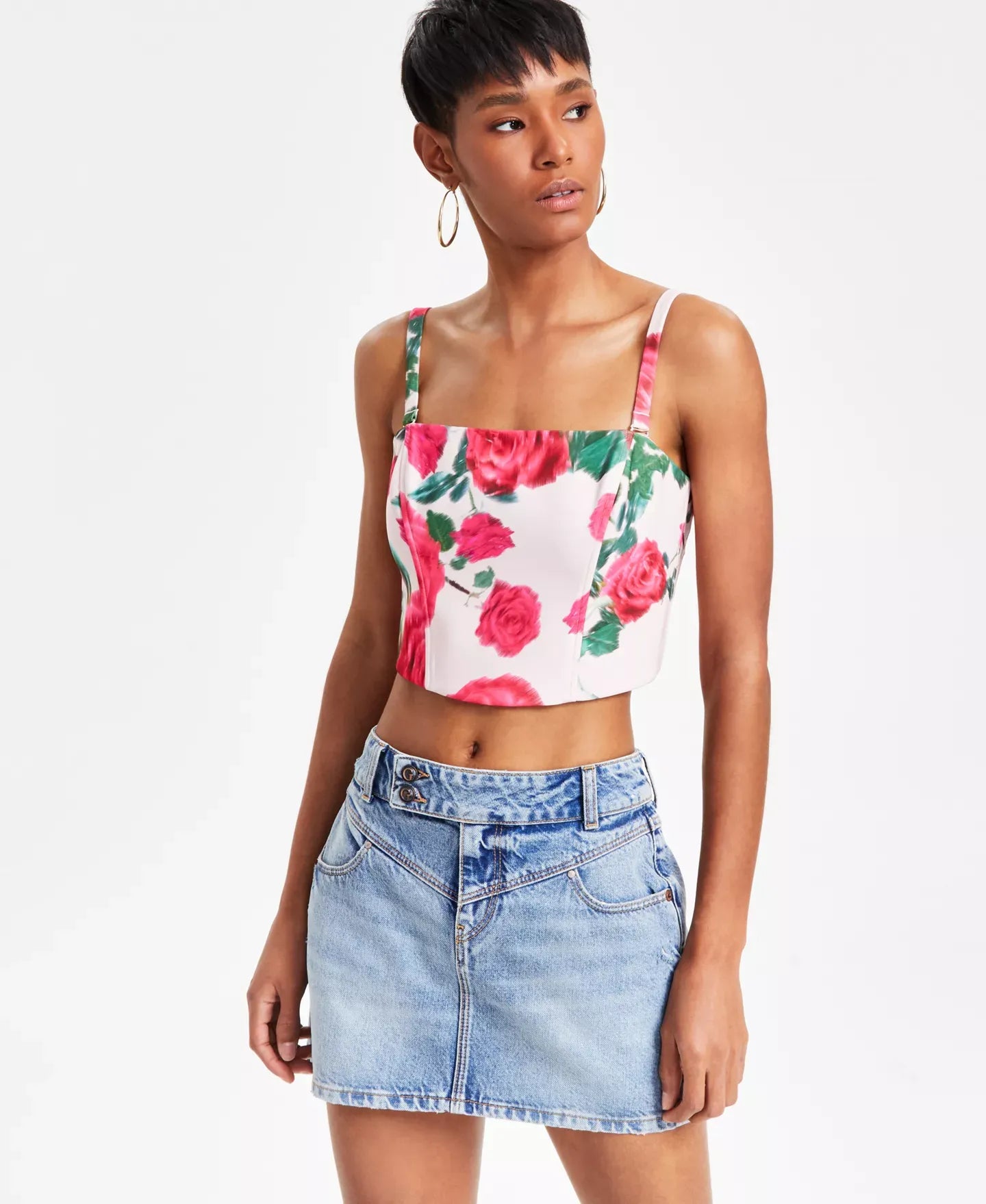 GUESS Women's Raissa Floral Smocked-Back Bustier Top