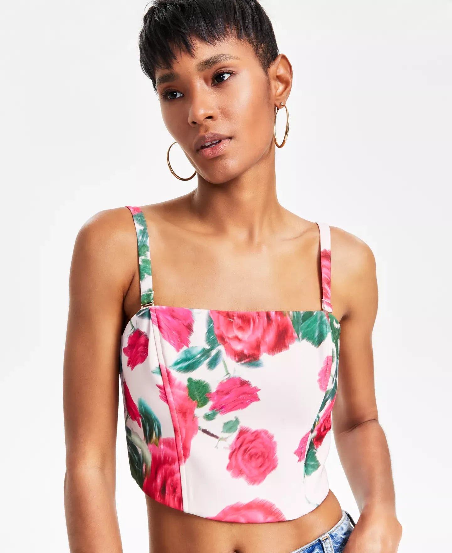 GUESS Women's Raissa Floral Smocked-Back Bustier Top