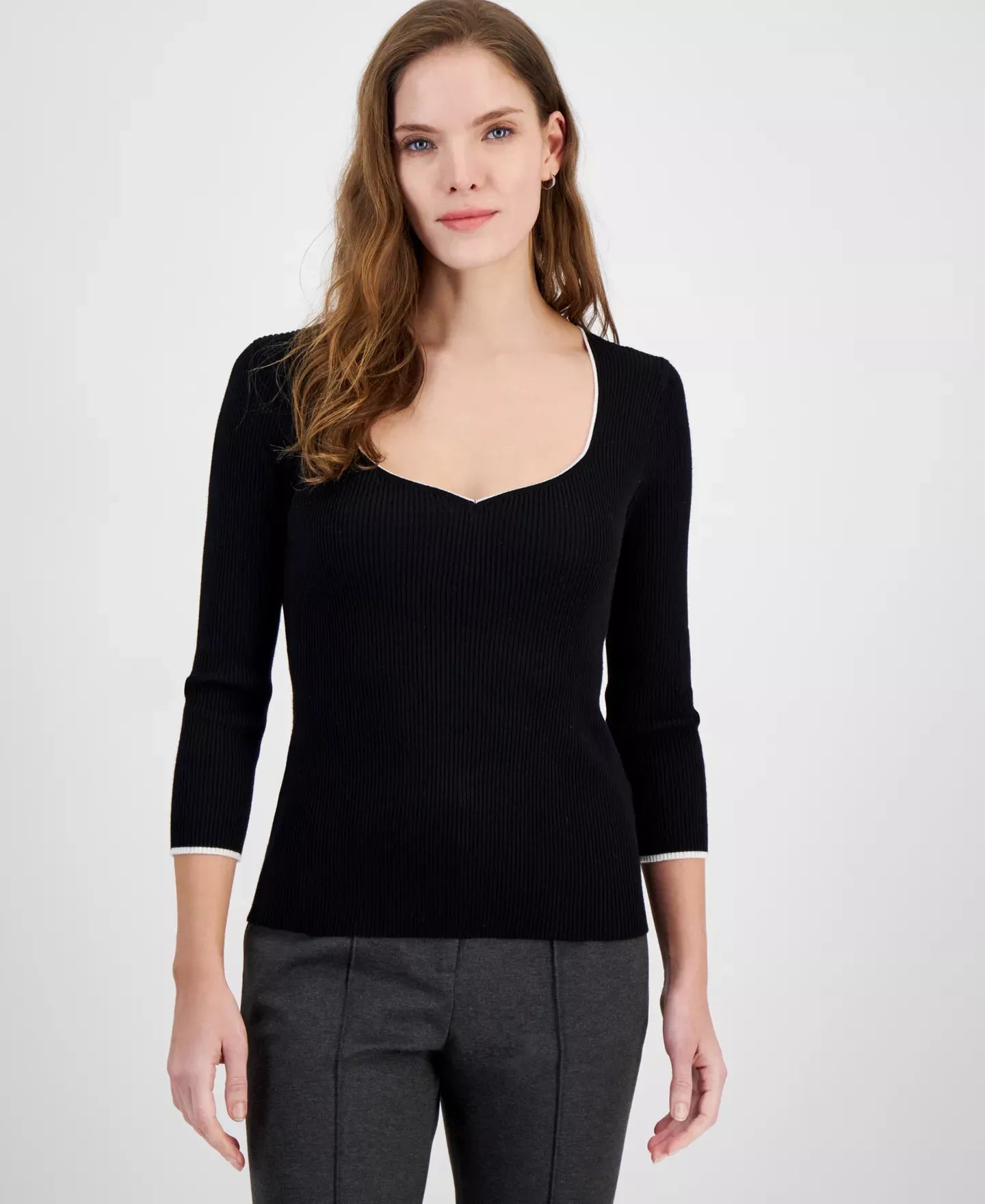 T Tahari Women's Sweetheart-Neck Rib-Knit 3/4-Sleeve Sweater