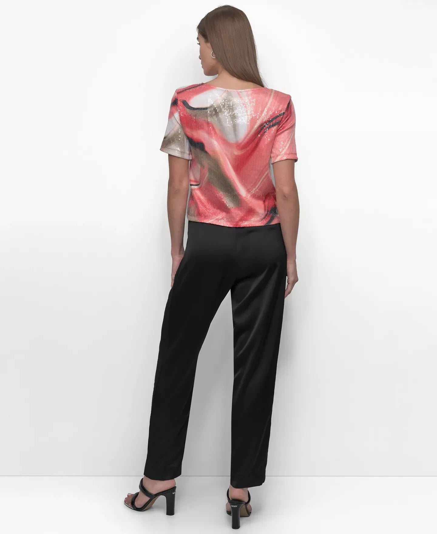 DKNY Women's Short-Sleeve Printed Knit Sequin Top