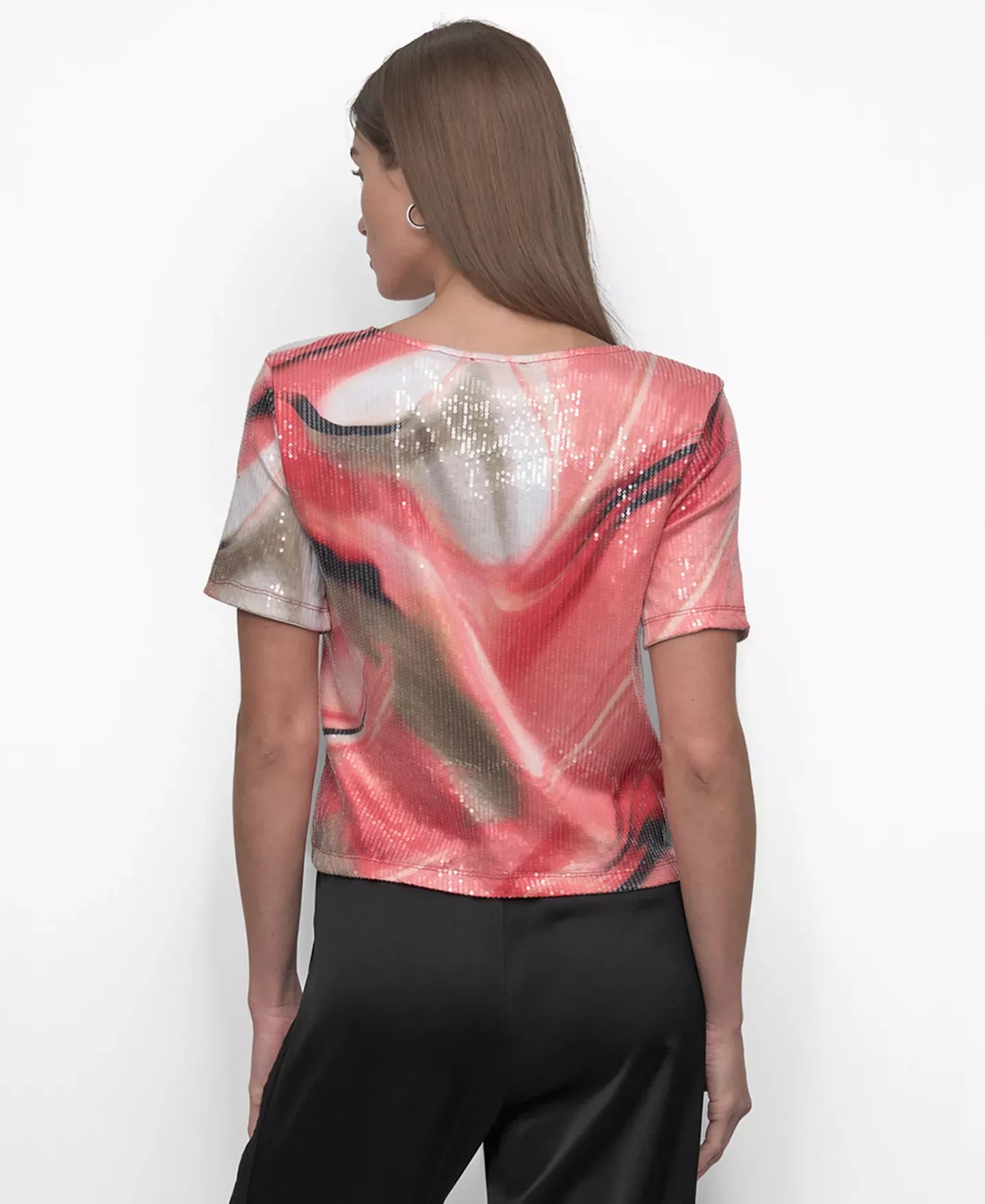 DKNY Women's Short-Sleeve Printed Knit Sequin Top