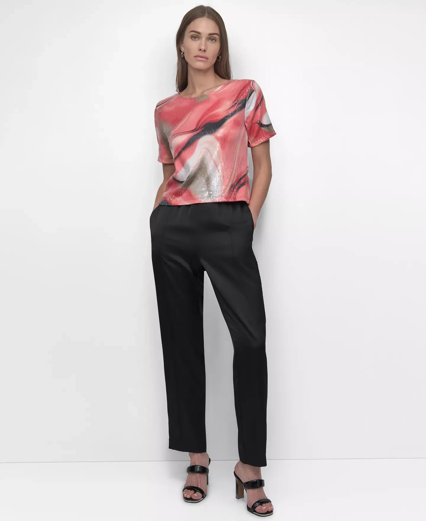 DKNY Women's Short-Sleeve Printed Knit Sequin Top