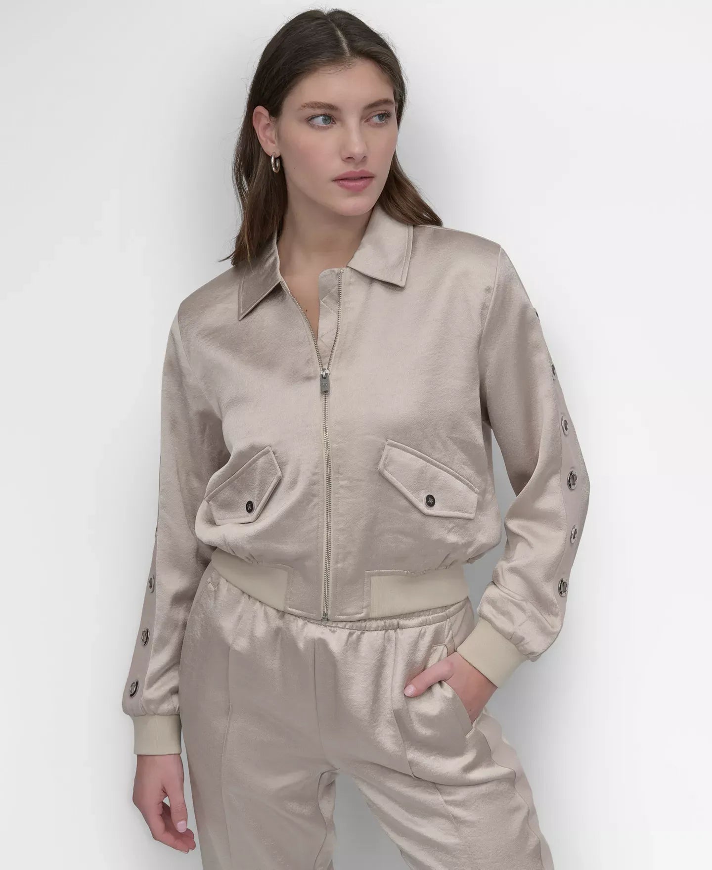 DKNY Women's Long-Grommet-Trim-Sleeve Satin Bomber Jacket