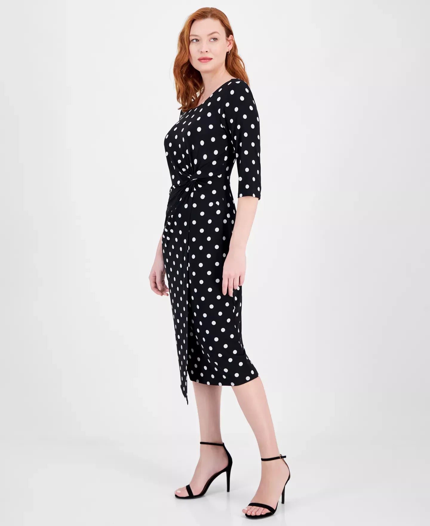 Connected Women's Dot-Print Faux-Wrap 3/4-Sleeve Midi Dress