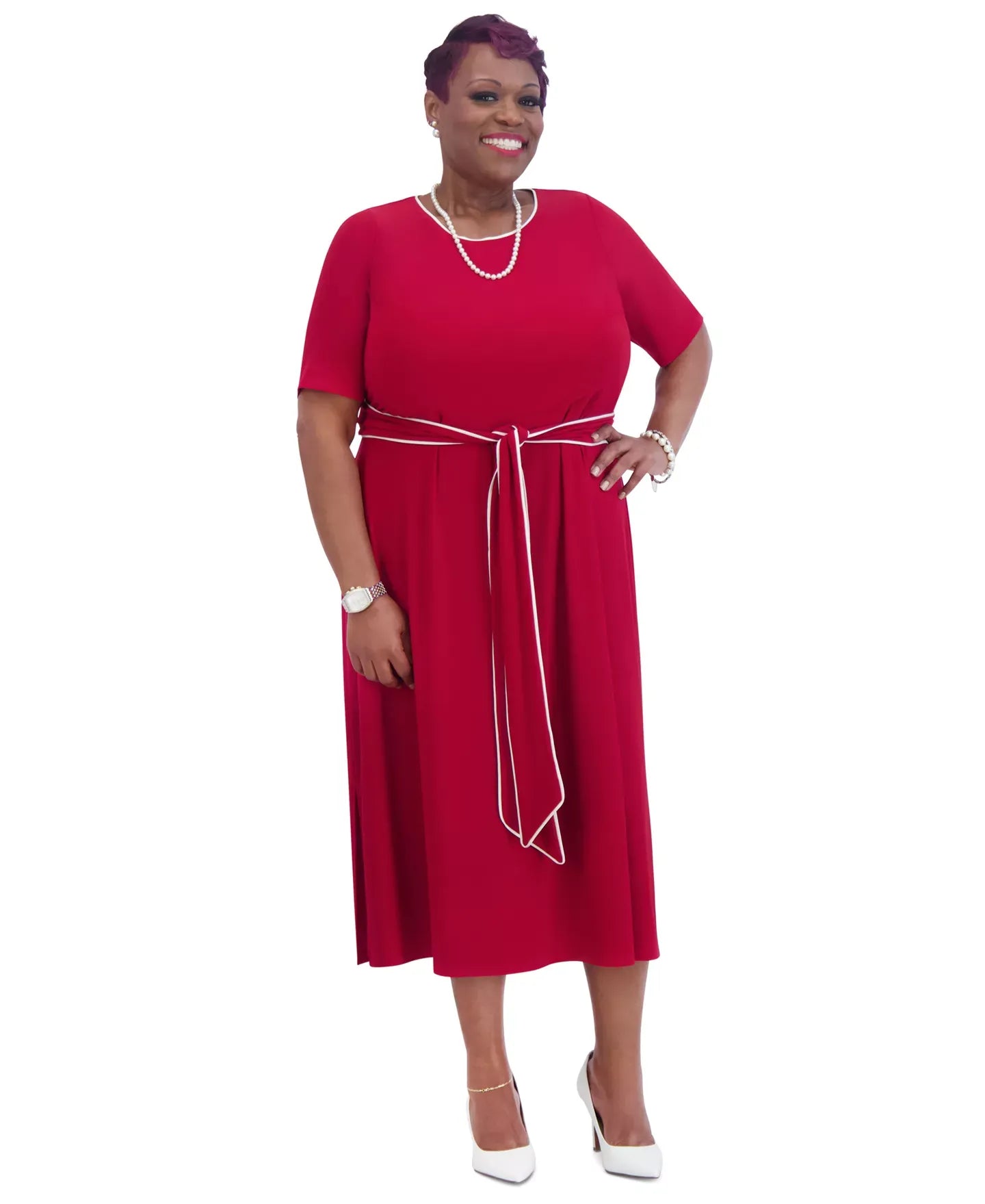 Kasper Women's Contrast-Trim Short-Sleeve Midi Dress