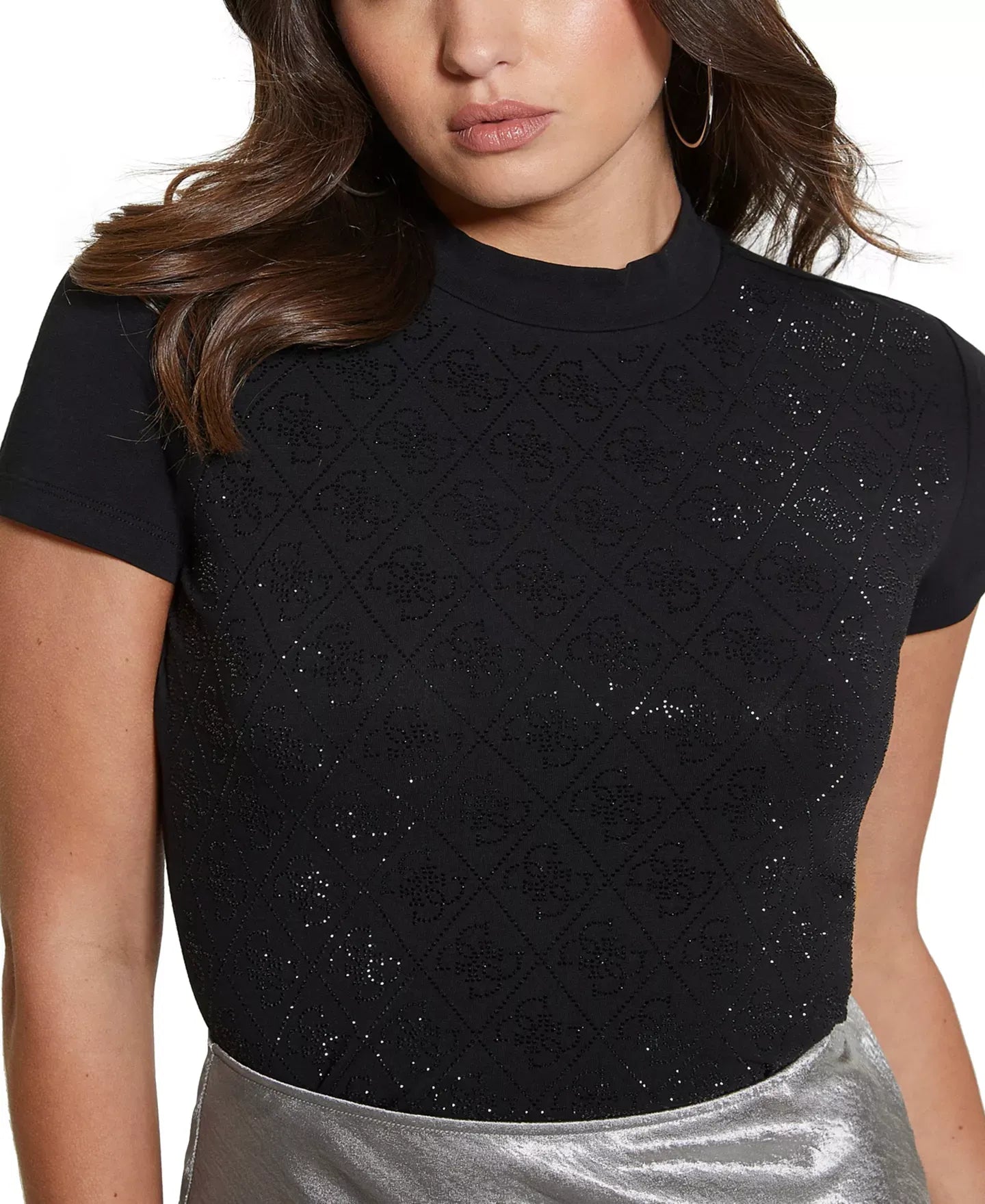 GUESS Women's Rhinestone-Logo Mock-Neck Short-Sleeve Top