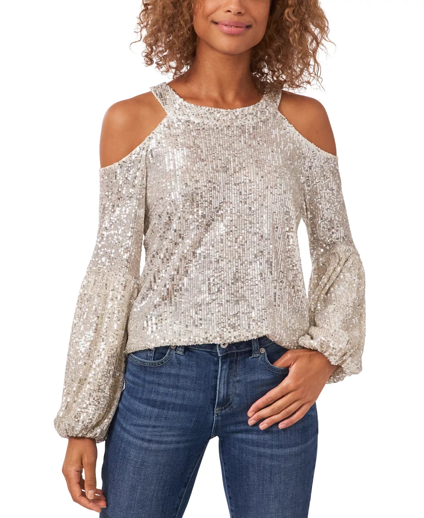 CeCe Women's Sequined Long Sleeve Cold-Shoulder Blouse Top