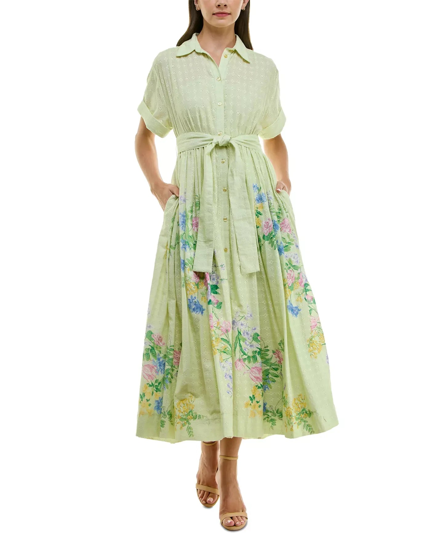 Taylor Women's Eyelet-Embroidered Belted Cotton Shirt Dress