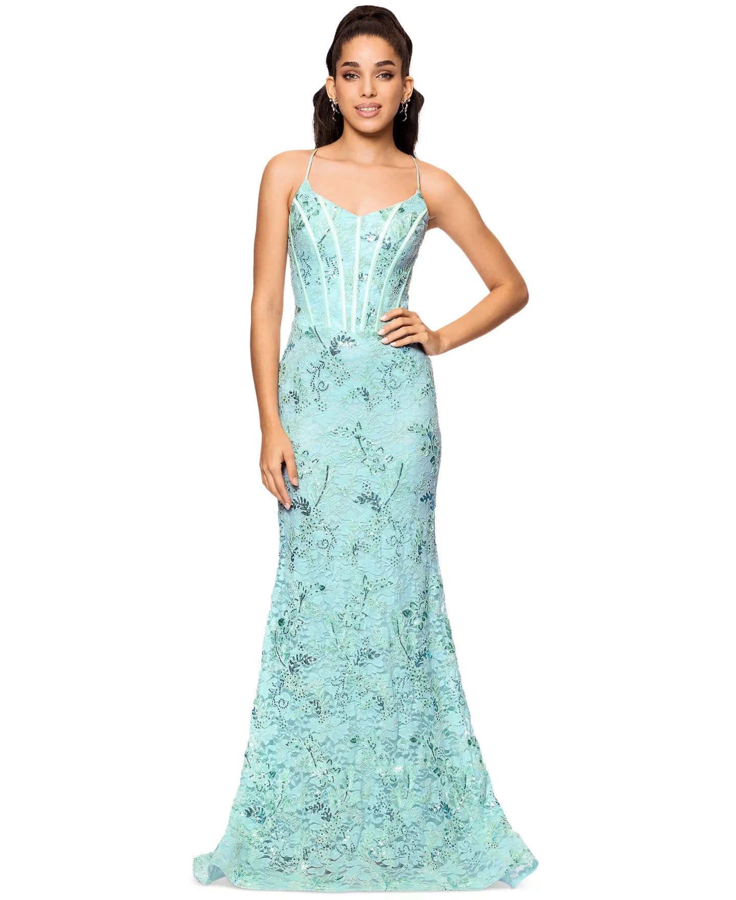 Betsy & Adam Women's Sequined Lace Corset Gown Dress